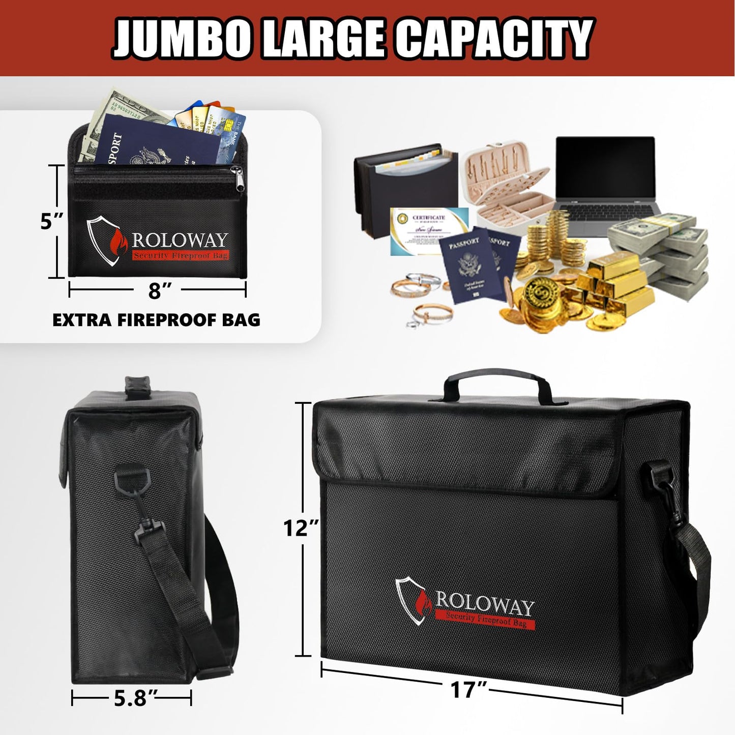 ROLOWAY Large Fireproof Bag 5200℉ Heat Insulated (17 x 12 x 5.8 inches), Fireproof Document Bag for Cash Safe and Document Safe