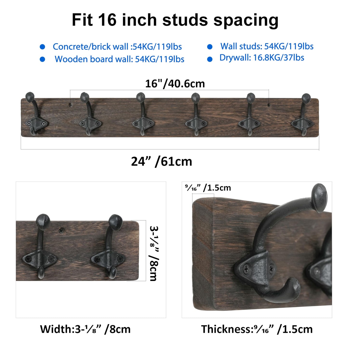 WEBI Rustic Coat Rack Wall Mount,24" Long 6 Cast Iron Coat Hooks Wall Mounted,Heavy Duty Farmhouse Wood Coat Hanger Wall Antique Vintage Hooks for Hanging Jacket,Clothes,Backpack,Weathered Brown