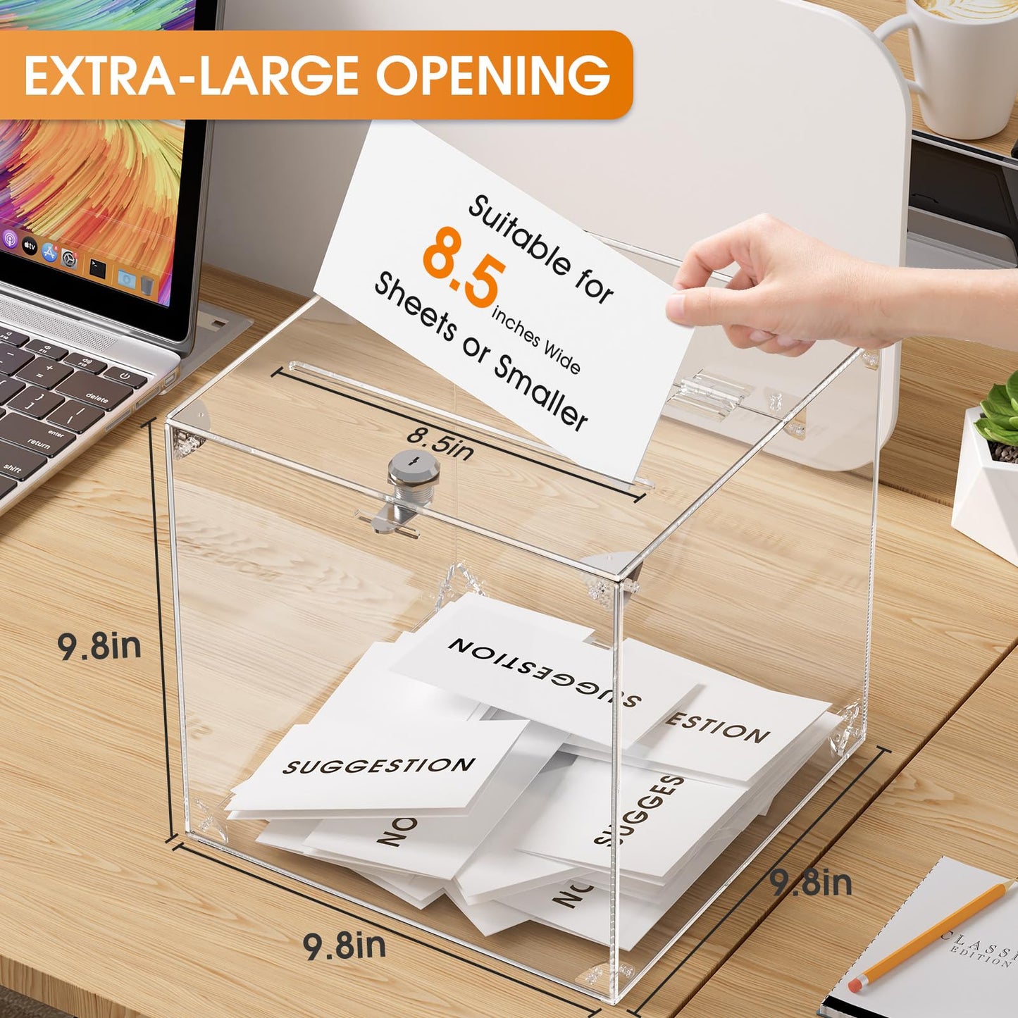 MaxGear Acrylic Donation Box, 9.8" x 9.8" x 9.8" Square Suggestion Box with Lock, Large Comment Case for Fundraising, Donating, Bar, School, 1 Pack