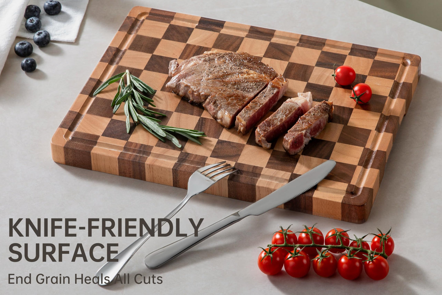 THETCHRY Cutting Boards for Kitchen, Checkered Cutting Board End Grain, Acacia Wooden Chopping Board with Juice Groove & Handle, Serving Tray for Meat, Bread & Fruit, 14"L x 11"W x 0.8"Th