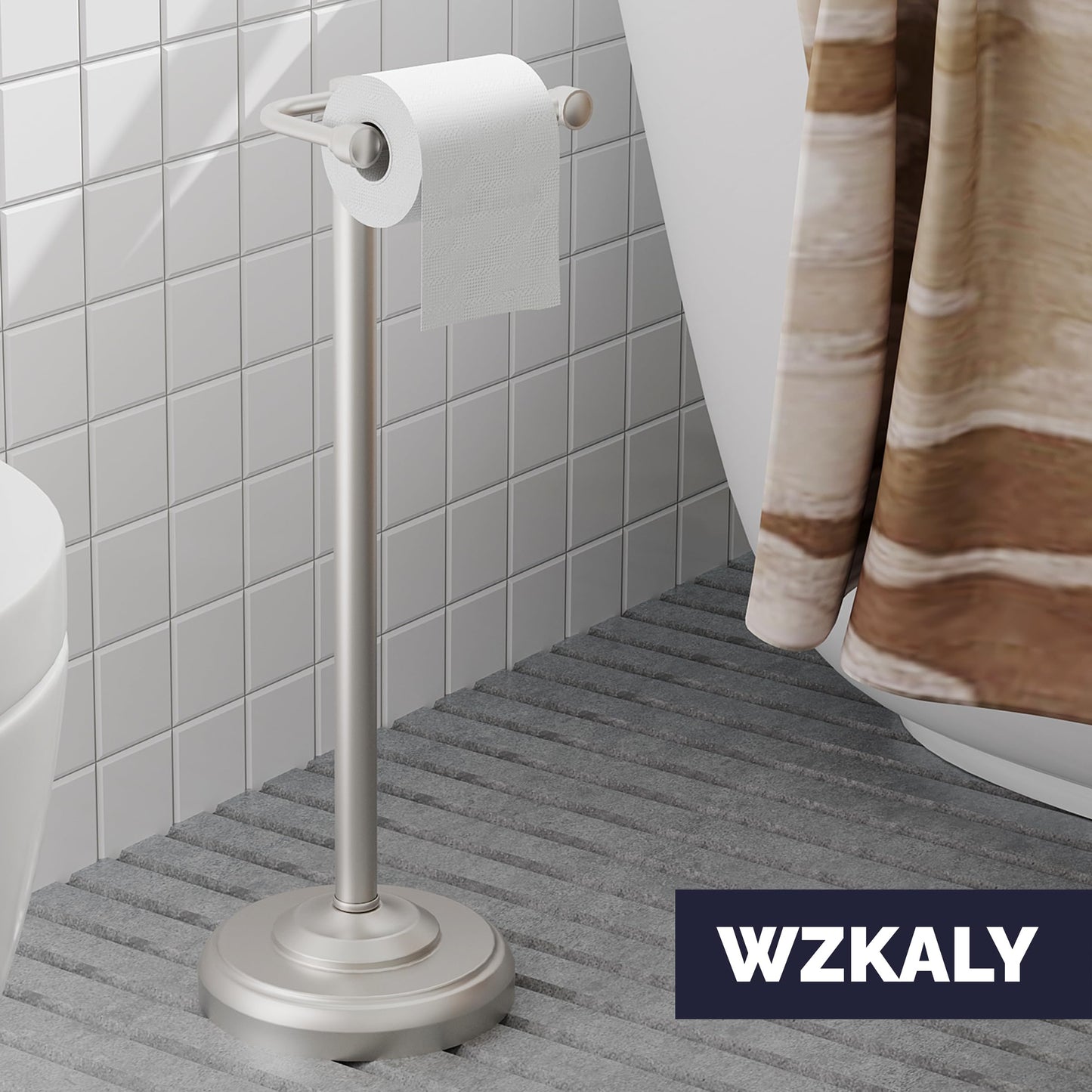 WZKALY Toilet Paper Holder Stand, Brushed Nickel Toilet Paper Holder Free Standing, Post Pivoting Design & Stable Weighted Base SUS304 Stainless Steel for Bathroom(Mega Roll)