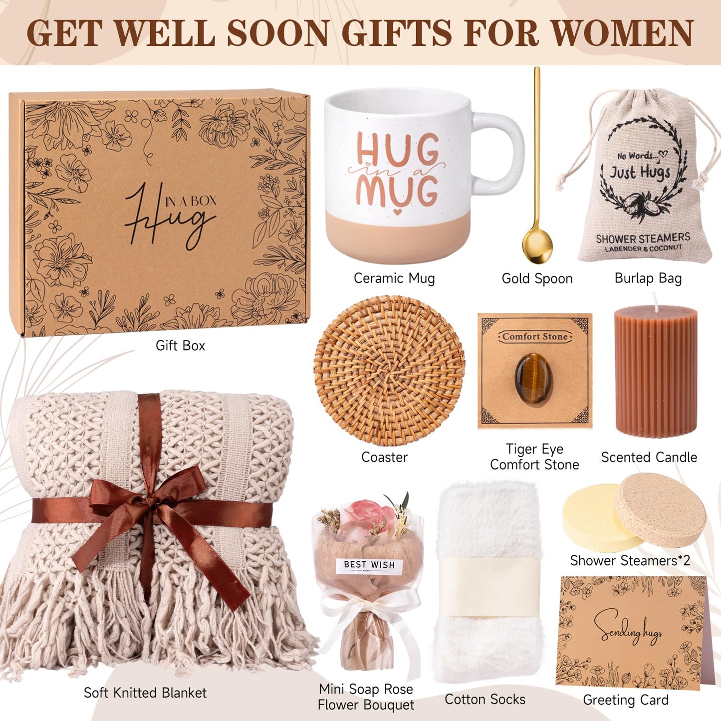 Get Well Soon Gift Baskets for Women, Earth Tone Self Care Package Box After Surgery Thinking of You Feel Better Gifts, Sympathy Gift Basket for Loss of Loved One, Inspirational Gifts for Sick Friends