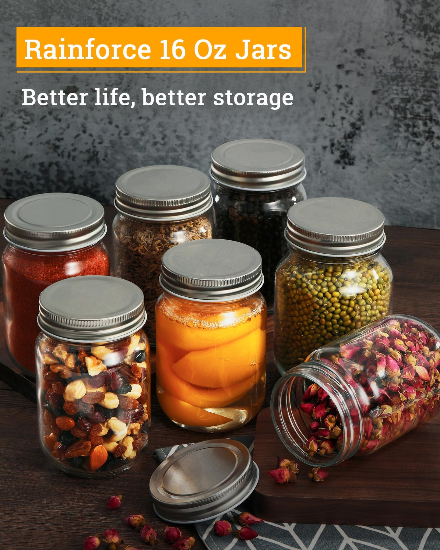 Rainforce 16 oz Mason Jars With Lids Regular Mouth 15 Pack-16oz Glass Jars with Silver Lids,Bulk Pint Clear Glass Jars For Meal Prep, Food Storage With 20 Labels