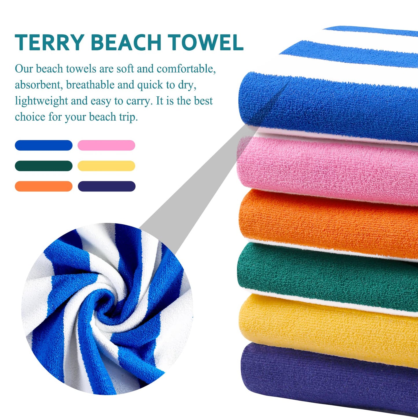 Genovega 6 Packs Oversized 72x40 Inch Stripe Beach Towel Thin Terry Set XL Big Extra Large Accessories Essentials Soft Clearance Super Pool Travel Bath Swim Camping Towels Bulk Men Women Adults Gift