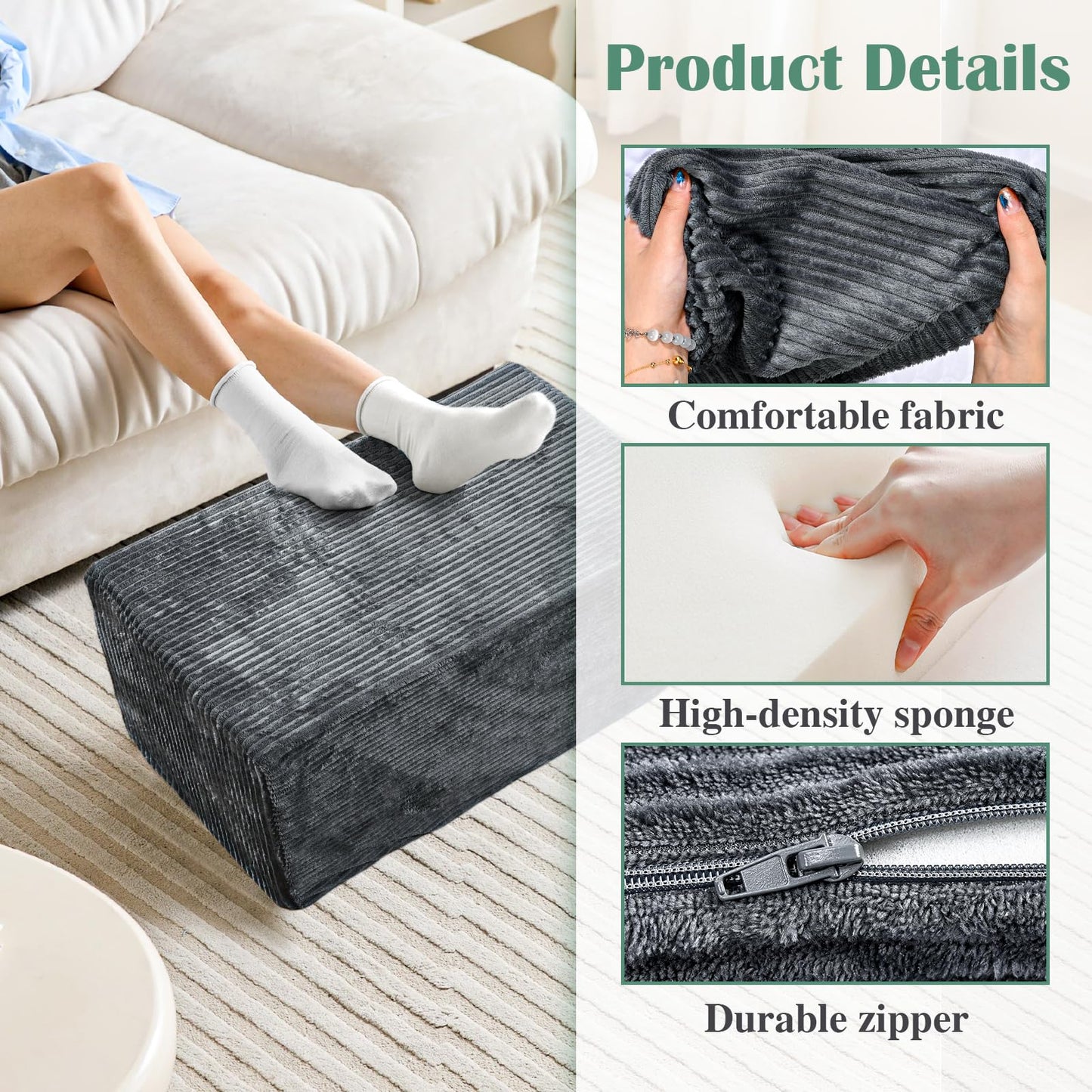 Setguopal Rectangular Pouf Ottoman, Stuffed Floor Pouf with Foam Chunk Filling, Soft Coral Fleece Furry Foot Rest Stool, Multi-Use Ottoman for Living Room, Wide Stripe Boho Decor, Dark Grey