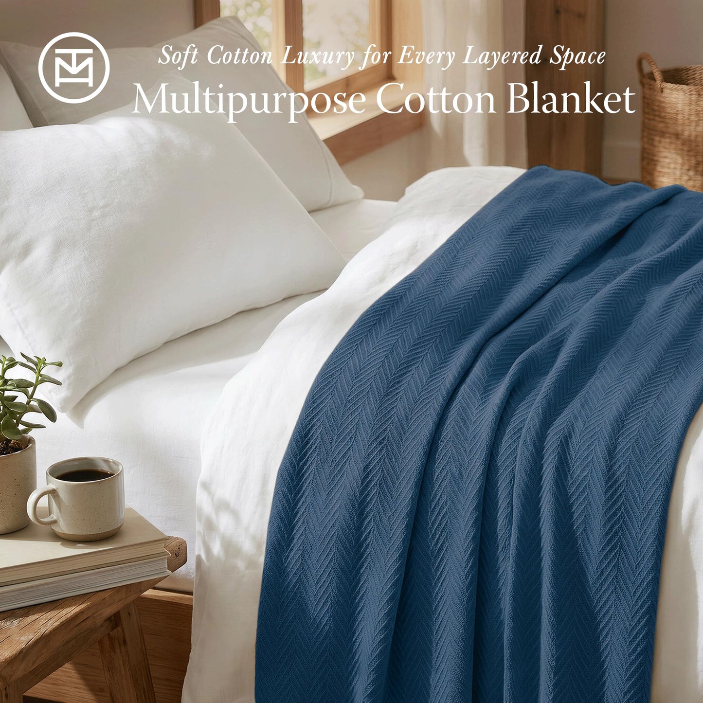 Threadmill Luxury Cotton Blankets for Twin Size Bed | All-Season 100% Cotton Twin Blanket for Bed | Herringbone Soft & Cozy Fall Thermal Blanket, 350GSM, 68x92 inches | Folkstone Blue