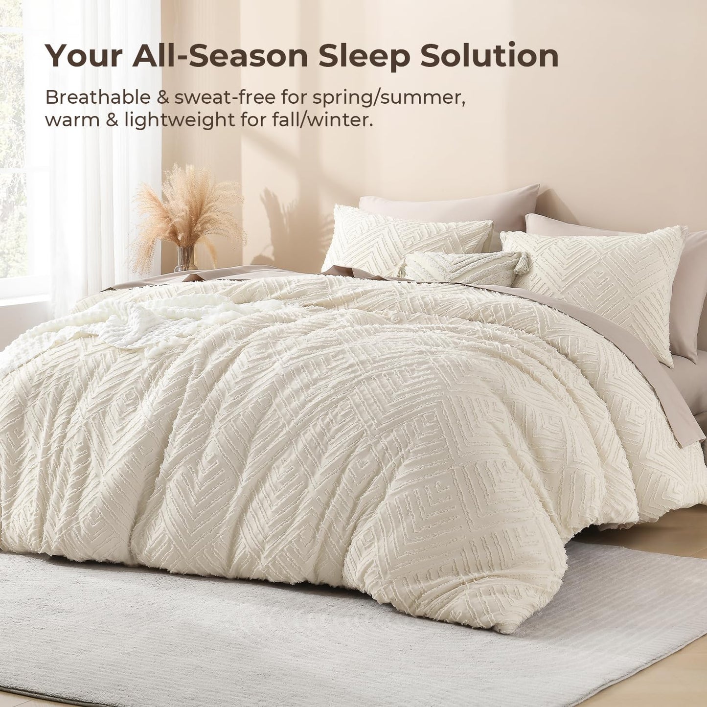 Litanika King Size Comforter Set Beige, 3 Pieces Cream Tufted Boho Farmhouse Bedding Comforter Sets, Lightweight Fluffy Comforter Bed Set for All Season (104x90In Comforter and 2 Pillowcases)