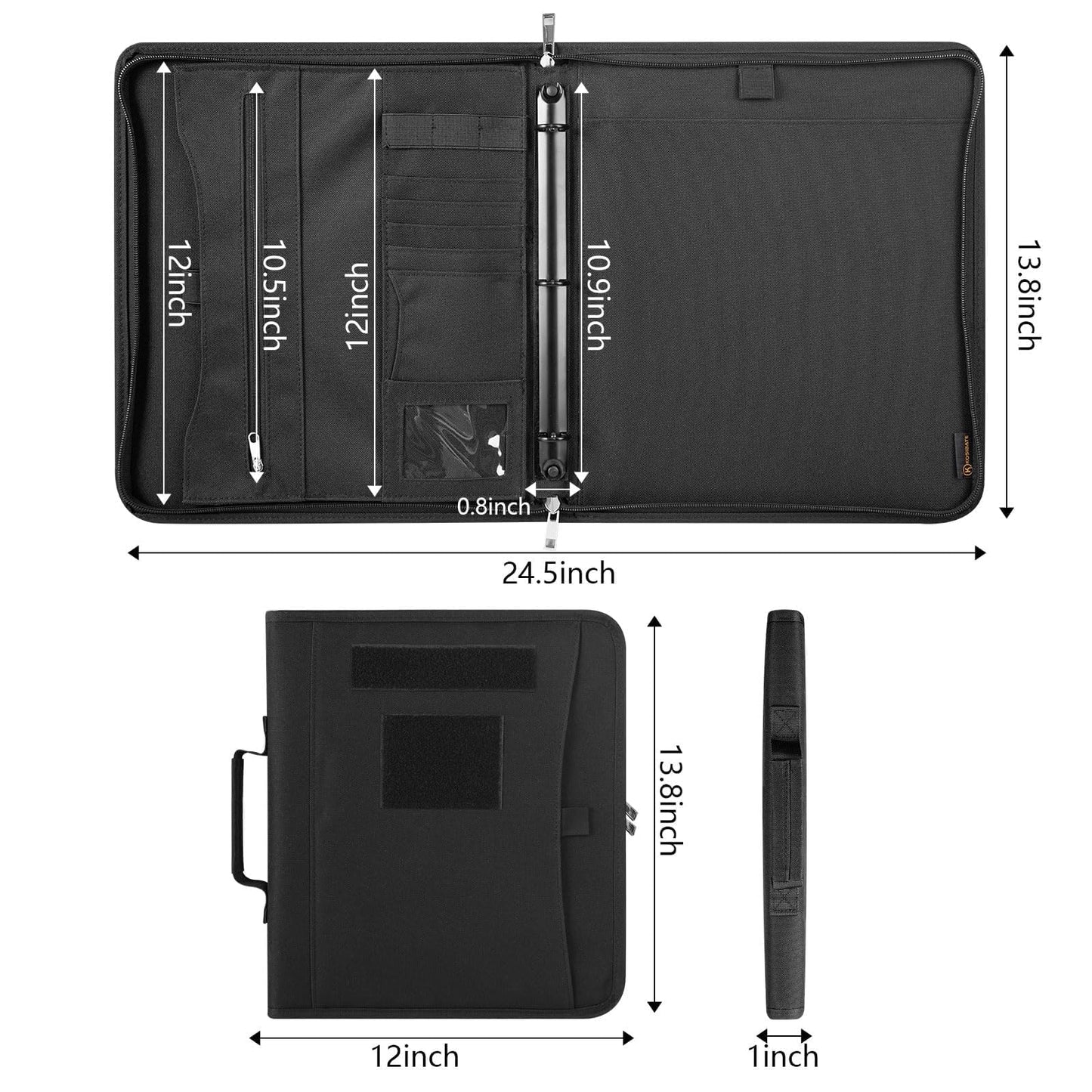 Kosibate Tactical Padfolio Portfolio Binder with Zipper and 25 Sheets of Letter Size Paper,Notebook Cover,Tactical Notebook with Zippered for Folders,Detachable 3-Ring Binder(A4,Black,13.5X 11.5Inch)