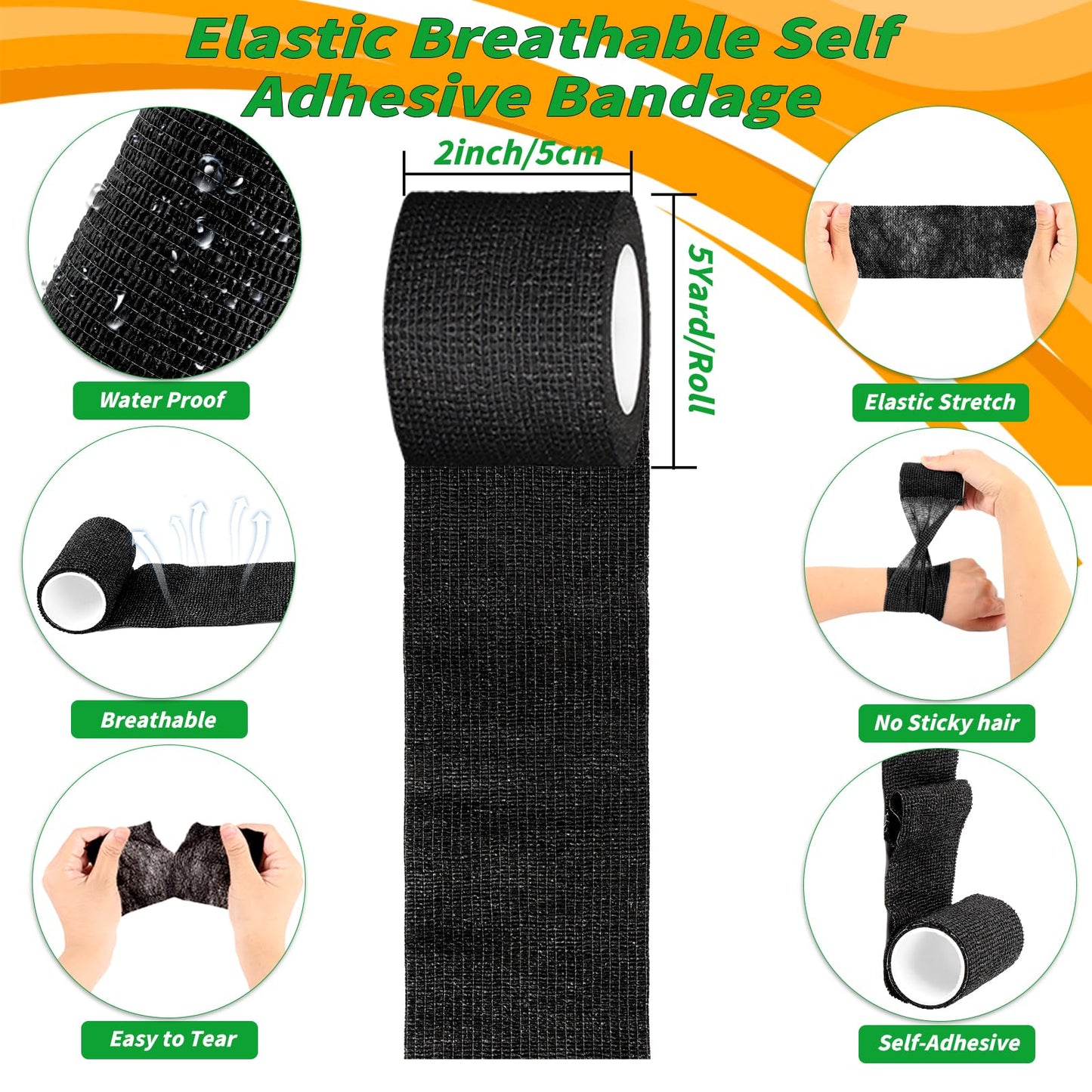 120 Pack Black Self Adhesive Bandage Wrap Bulk 2 Inch x 5 Yards Cohesive Bandage,Vet Wrap Breathable Elastic Self-Adherent Tape for Stretch Athletic Sports Wrist Ankle Dogs Pet Vet Wrap