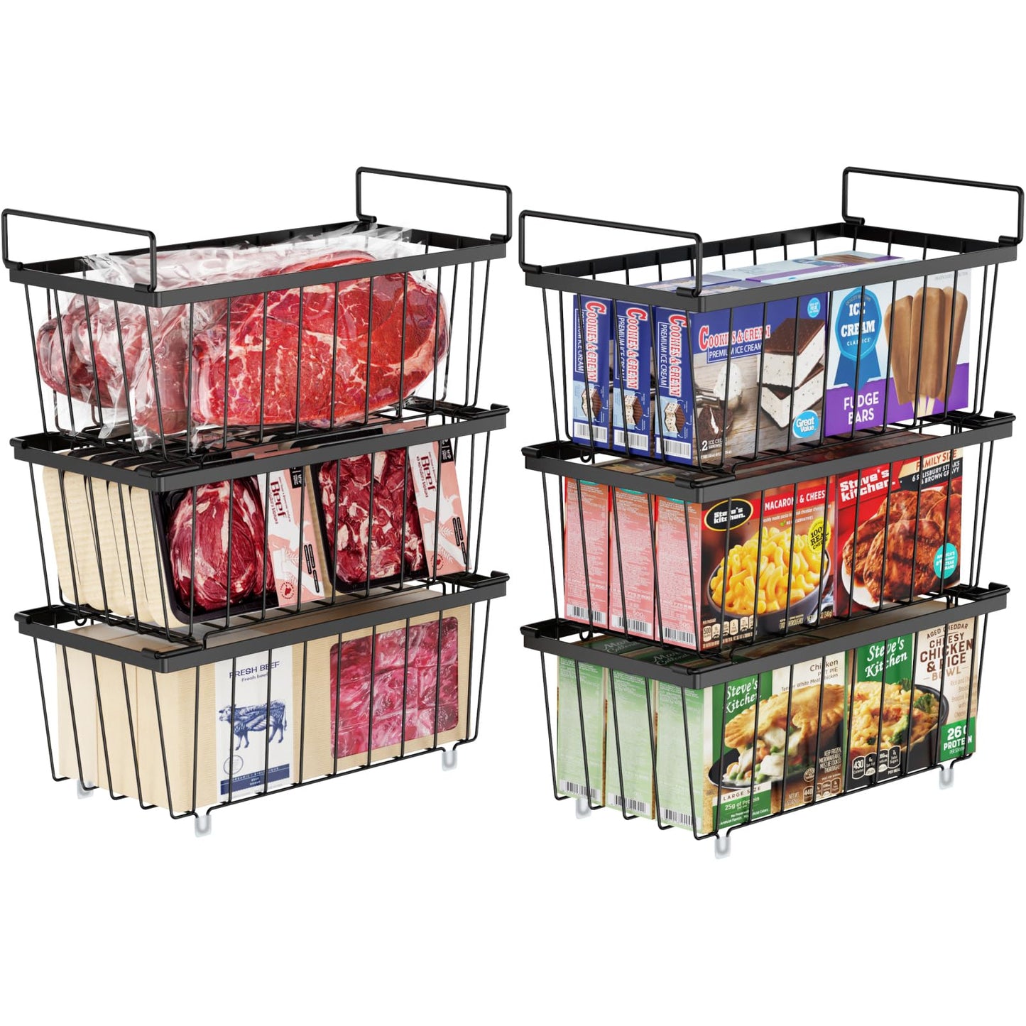 iSPECLE Chest Freezer Organizer Bins - Fits 7 Cu.Ft Deep Freezer, 6 Pack Stackable Wire Baskets(14.7" Length), Heavy Duty Coated Freezer Organizer, Rust Resistant for Frozen Food Sorting, Black