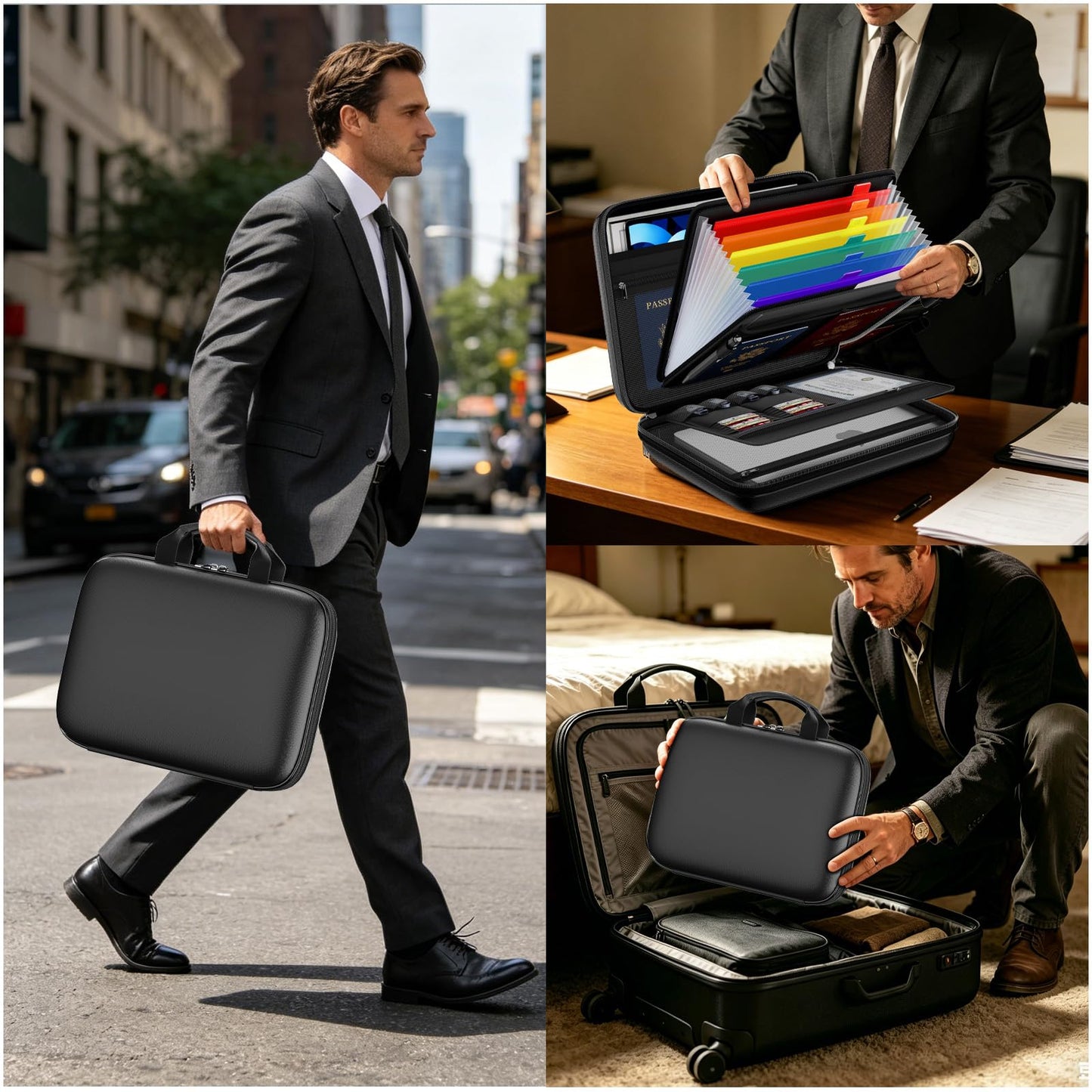 Tamfile Fireproof Document Box with Handle, Hard Case File Organizer with 7-Pocket Accordion Colour File Folder, Portable Safe Storage for Home Office Travel to Important Documents, Laptop, Black