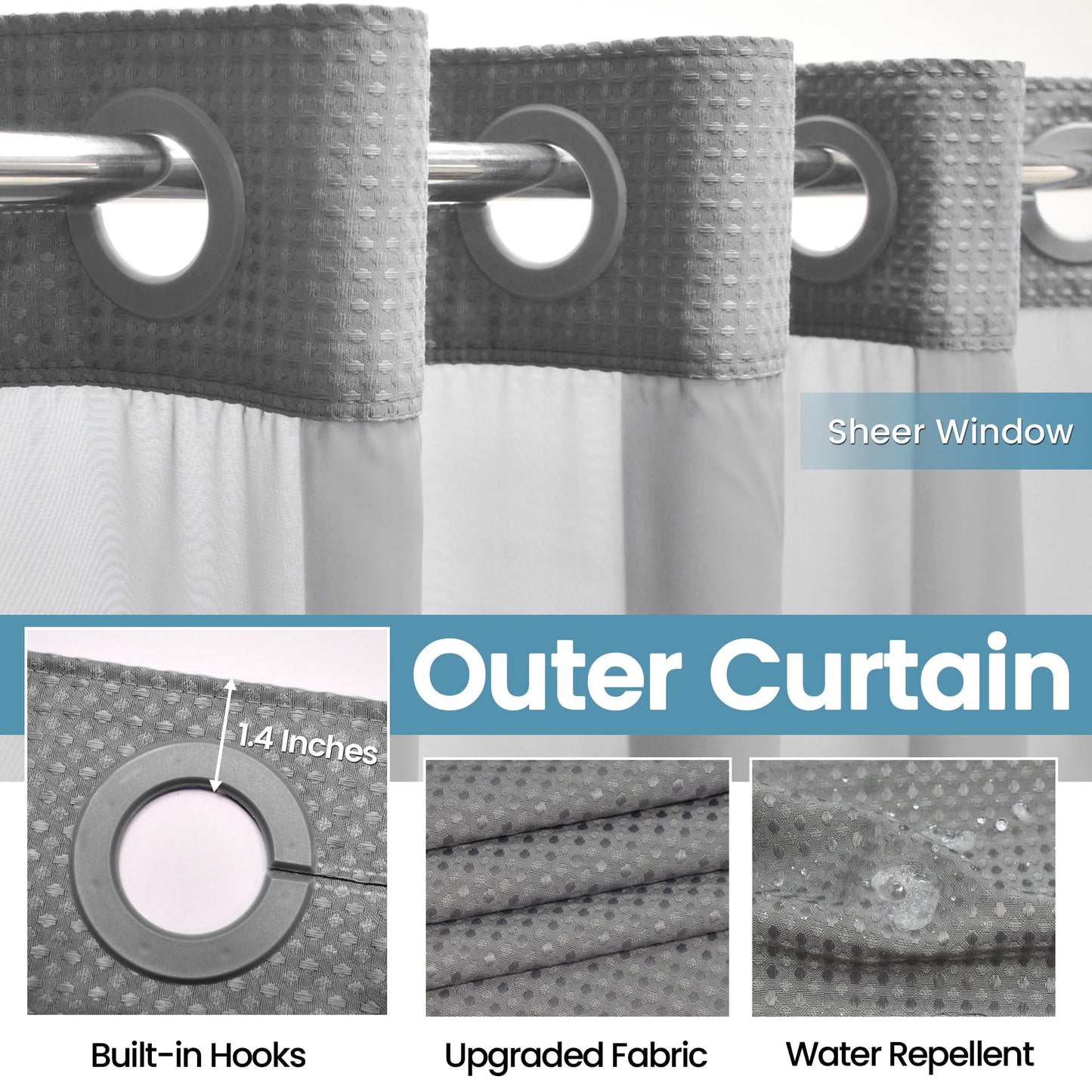 EUTXL Stall No Hook Shower Curtain with Snap in Liner,230GSM Waffle Weave Shower Curtains for Bathroom,60W x 74H,Grey