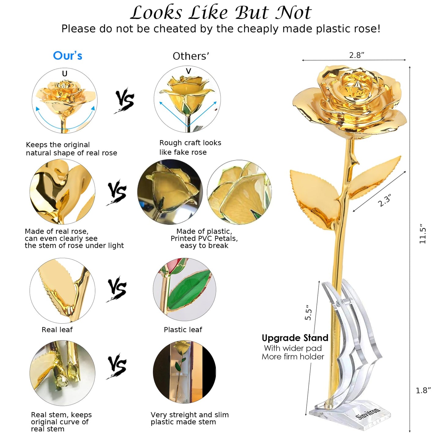 Sinvitron Gold Dipped Rose Real 24K Gold Rose, Hand Dipped One of a Kind Golden Roses, Romantic Gifts for Women on Valentines Day, Anniversary Mother’s Day (Golden)