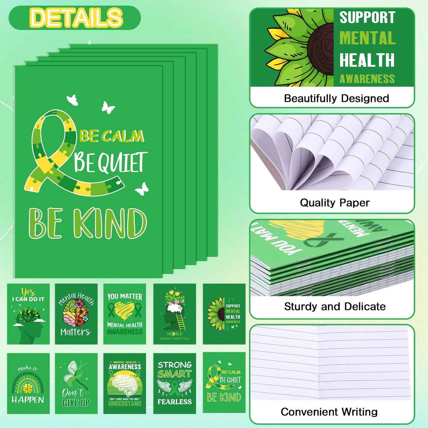 Dinifee 200 Pcs Mini Mental Health Notepads Small Memo Pad Notepads Bulk Mental Health Awareness Green Ribbon Pocket Notebooks, 10 Styles