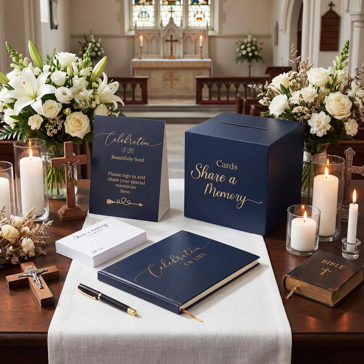 Engrowtic 64 Pcs Guest Book Set Funeral Guest Book Celebration of Life for Memorial Service with 60 Pcs Share a Memory Cards Box Table Pen Guestbook Sign in Loving Memory for Registry(Blue)