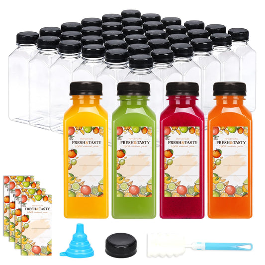 TOMNK 48pcs Juice Bottles, 12oz Reusable Plastic Juice Bottles with Caps and Labels, Funnel, Brush Beverage Containers for Juicing, Smoothies, Tea, Milk