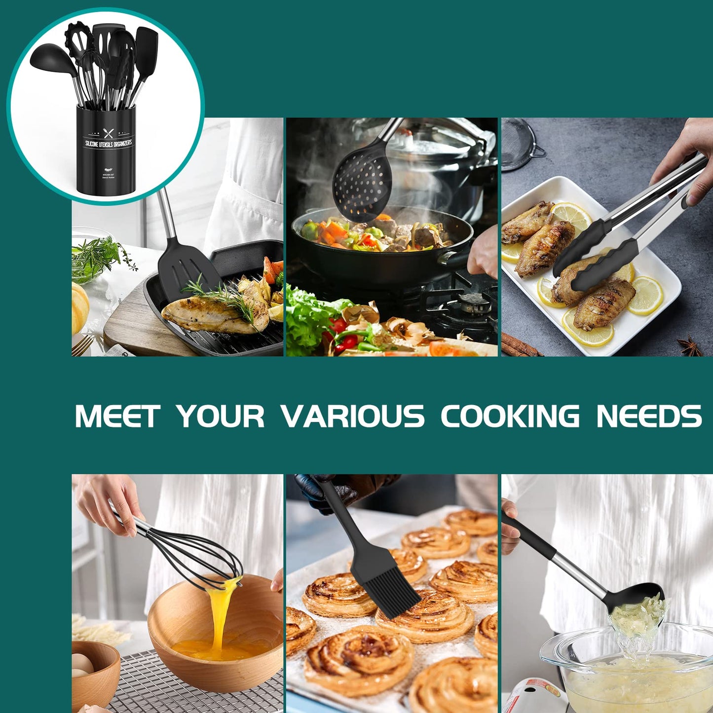 Silicone Cooking Utensil Set, Umite Chef 15pcs Silicone Cooking Kitchen Utensils Set, Non-stick - Best Kitchen Cookware with Stainless Steel Handle - Black Kitchen Utensils