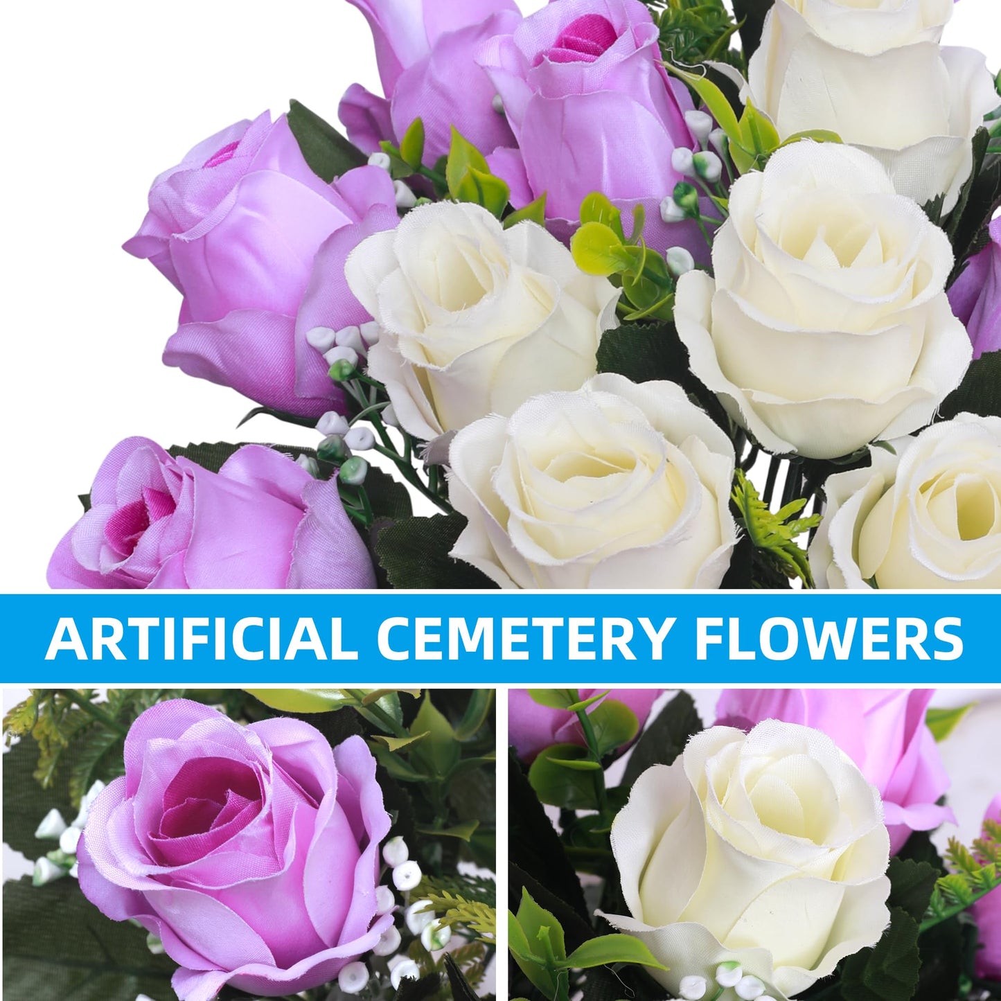 Hibsotco Set of 2 Artificial Cemetery Flowers with Vase,Grave Memorial Flowers,Artificial Rose Bouquet Decoration for Cemetery Headstones Gravesites (White with Purple, 2 Bouquets)