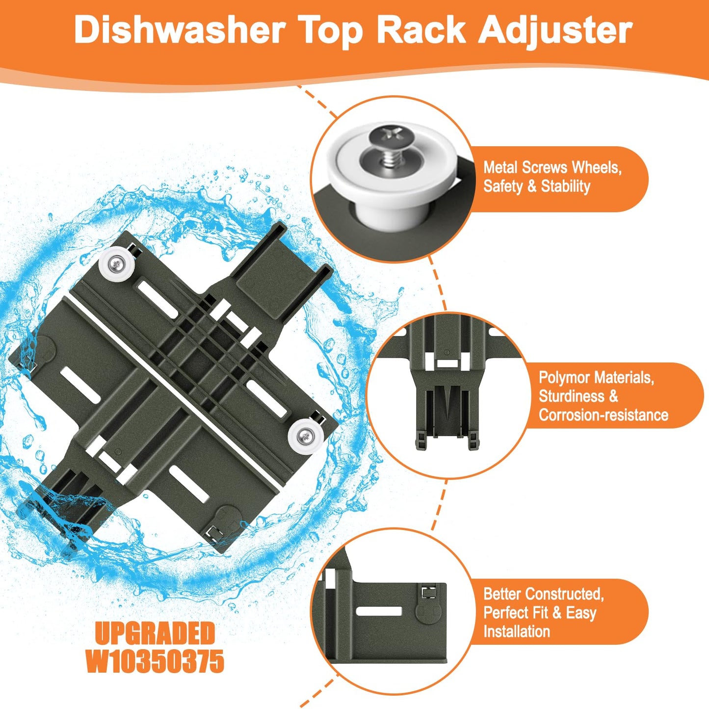 UPGRADED W10350375 Top Rack Adjuster For Whirlpool Dishwasher Top Rack Parts W10712395 WDT970SAHZ0 WDT750SAHZ0 WDT730PAHZ0 Upper Rack Parts, Kenmore Dishwasher Parts, With Dishwasher Adjuster Housing