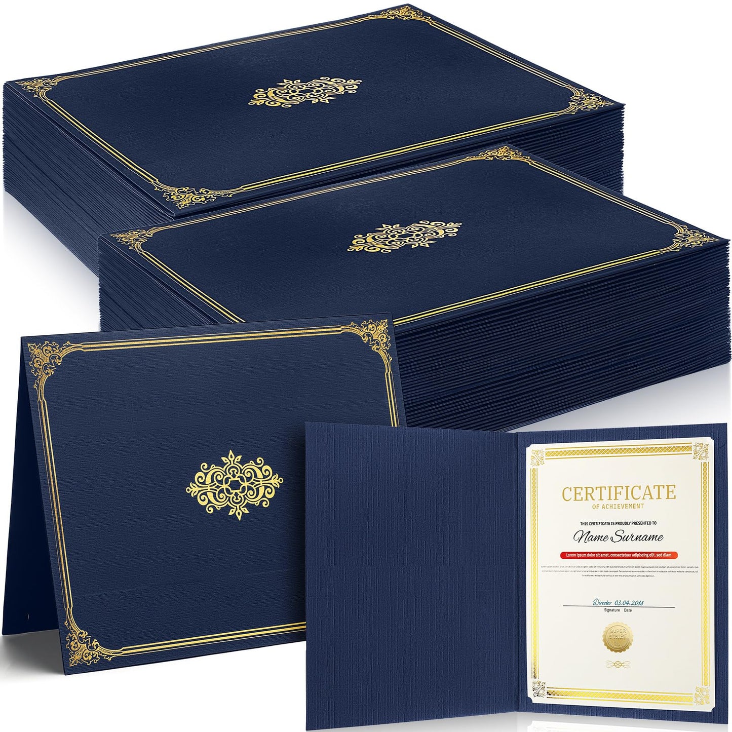 Kosiz 100 Pcs Certificate Holders Diploma Covers Document Holder Gold Foil Border for Letter Size 8.5 x 11 Inch Award Certificate Document Papers(Navy Blue)