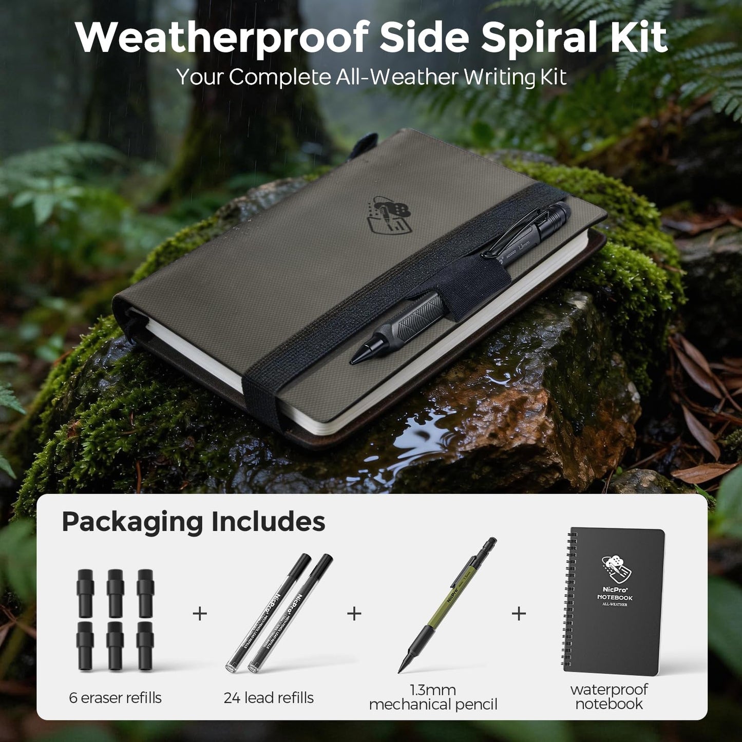 Nicpro Waterproof Notebook with 1.3mm Mechanical Pencil Set, TPU Fabric Cover, 4.8"x7" Stone Paper Notebook, Carpenter Pencil 1.3 with Lead Refill & Eraser for Outdoor Journal Travel Drafting Drawing