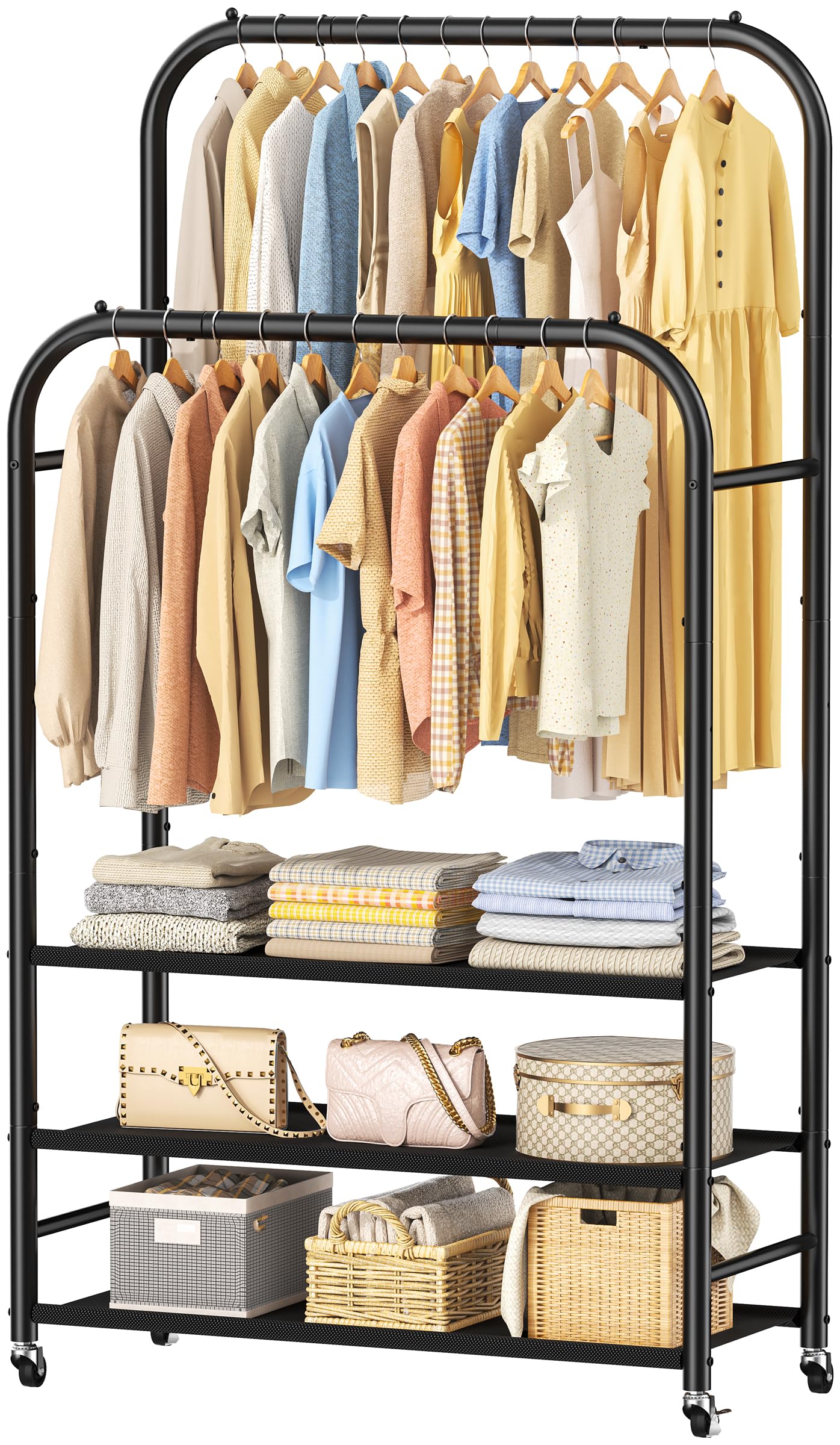 HOMIDEC Double Rods Clothes Rack Clothing Rack with 3 Tier Storage Shelves Clothes Rack for Hanging Clothes Multifunctional Clothes Organizer Bedroom,Wardrobe Closet,Shop,Black