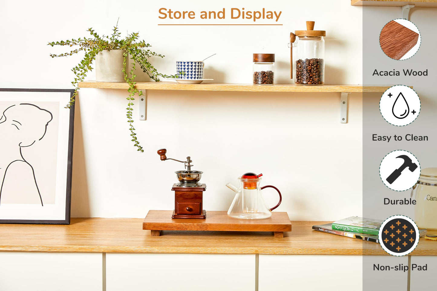 Large 16" Acacia Wood Riser Pedestal Stand – Farmhouse Wood Display Riser for Kitchen and Bathroom Décor - Counter Display, Plant Stand, Jewelry Holder, Vanity Tray, Candle Stand (L:16"x8"x1.57")
