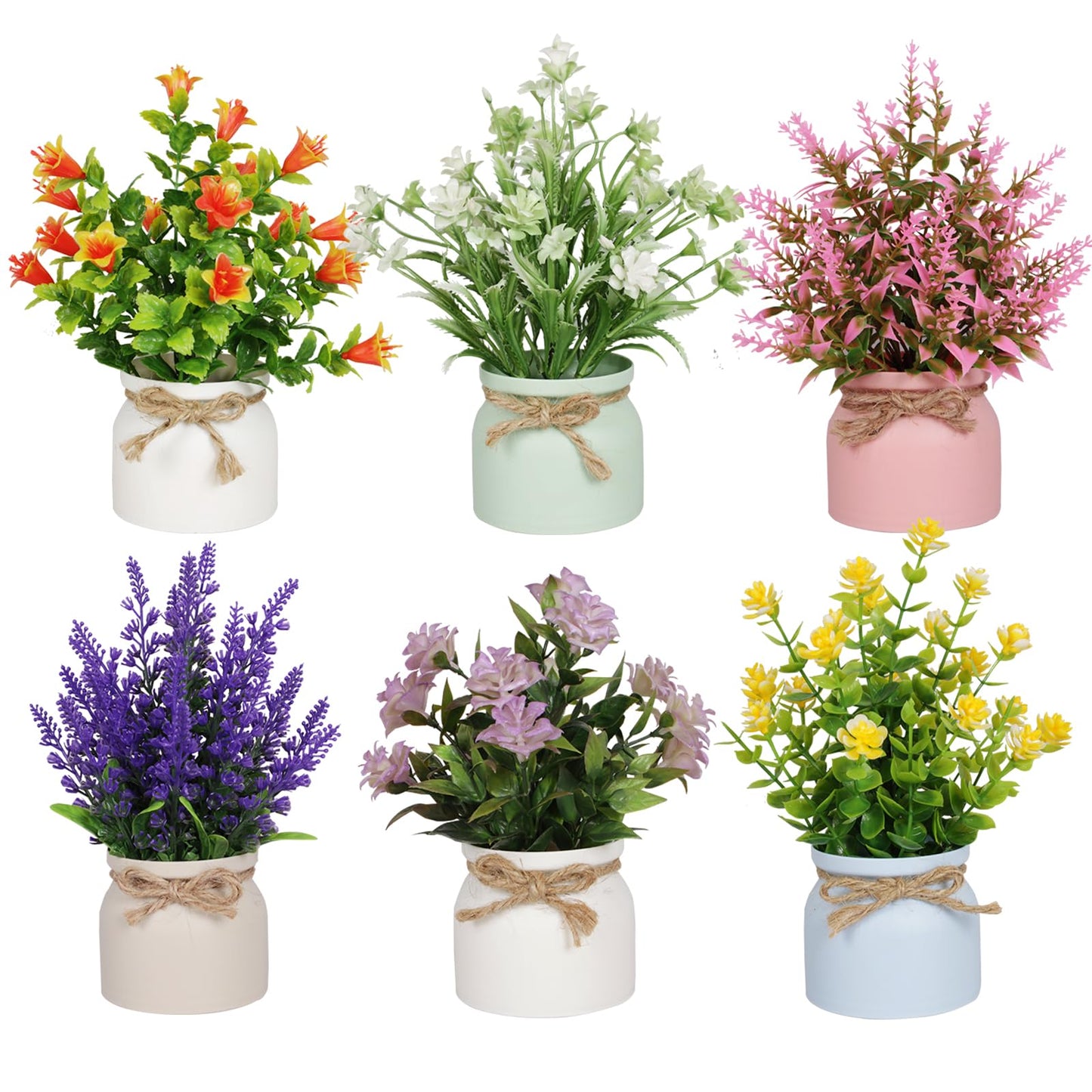 Yoratee 6pcs Artificial Pot Flowers Small Fake Plants Mini Potted Plants for Home Office Tabletop Decoration