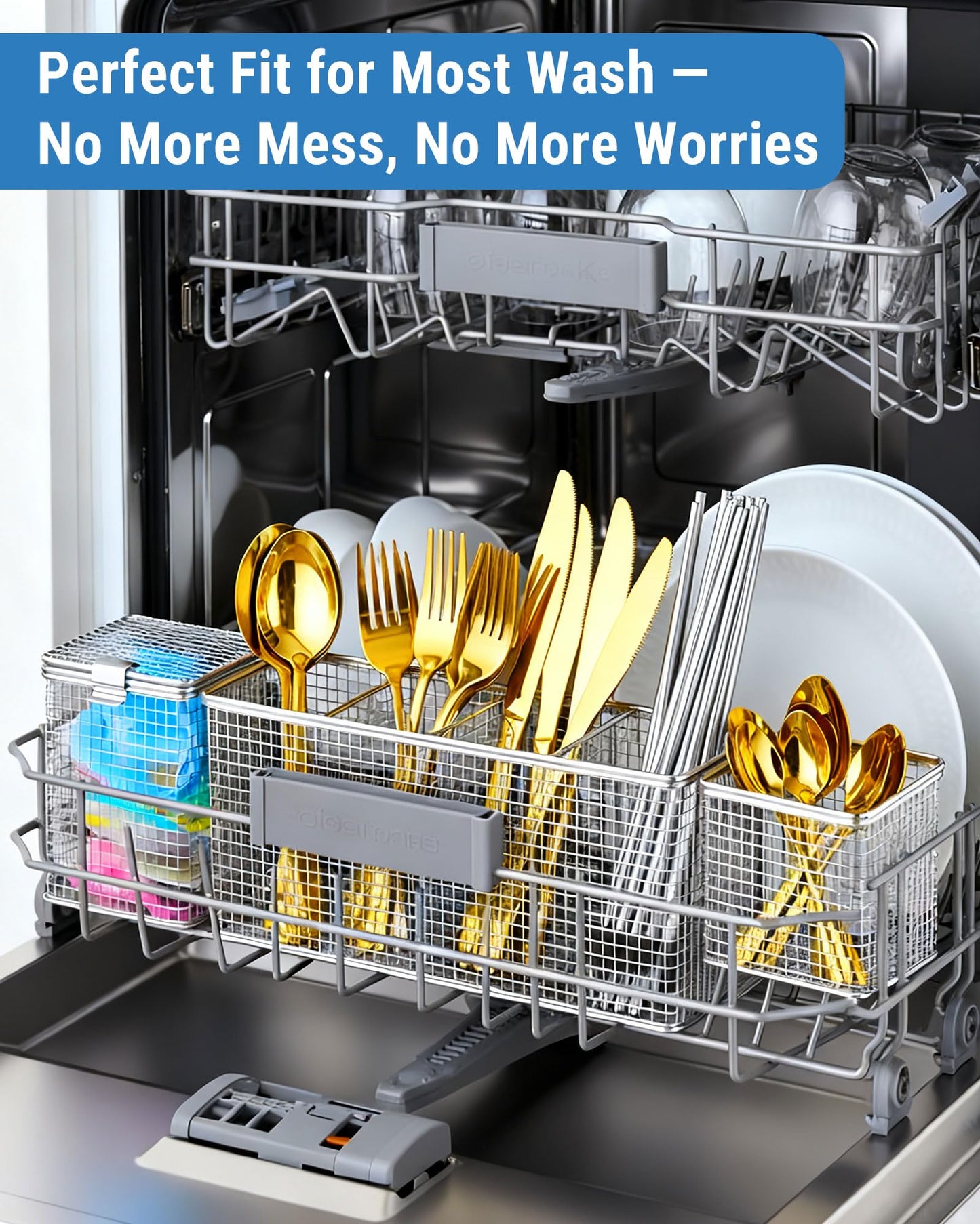 Viscogrip Universal Dishwasher Silverware Basket, 304 Stainless Steel 3-in-1 Dishwasher Utensil Basket, Bottle Parts, Straws, Forks, Chopsticks Cleaning (Silver)
