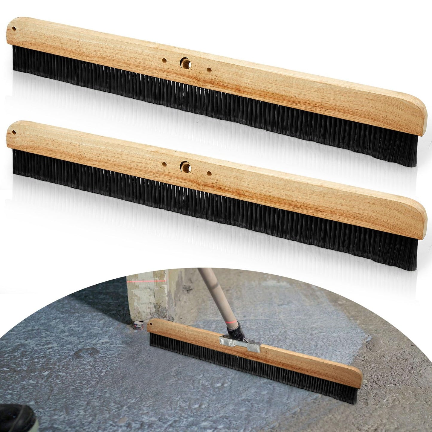 Yiyiring 2 Pack 36 Inch Concrete Broom Finishing Tools Without Handle Wood Backed Brush Push Brooms with Mounting Threads for Concrete Finishes Hard Floors Yards