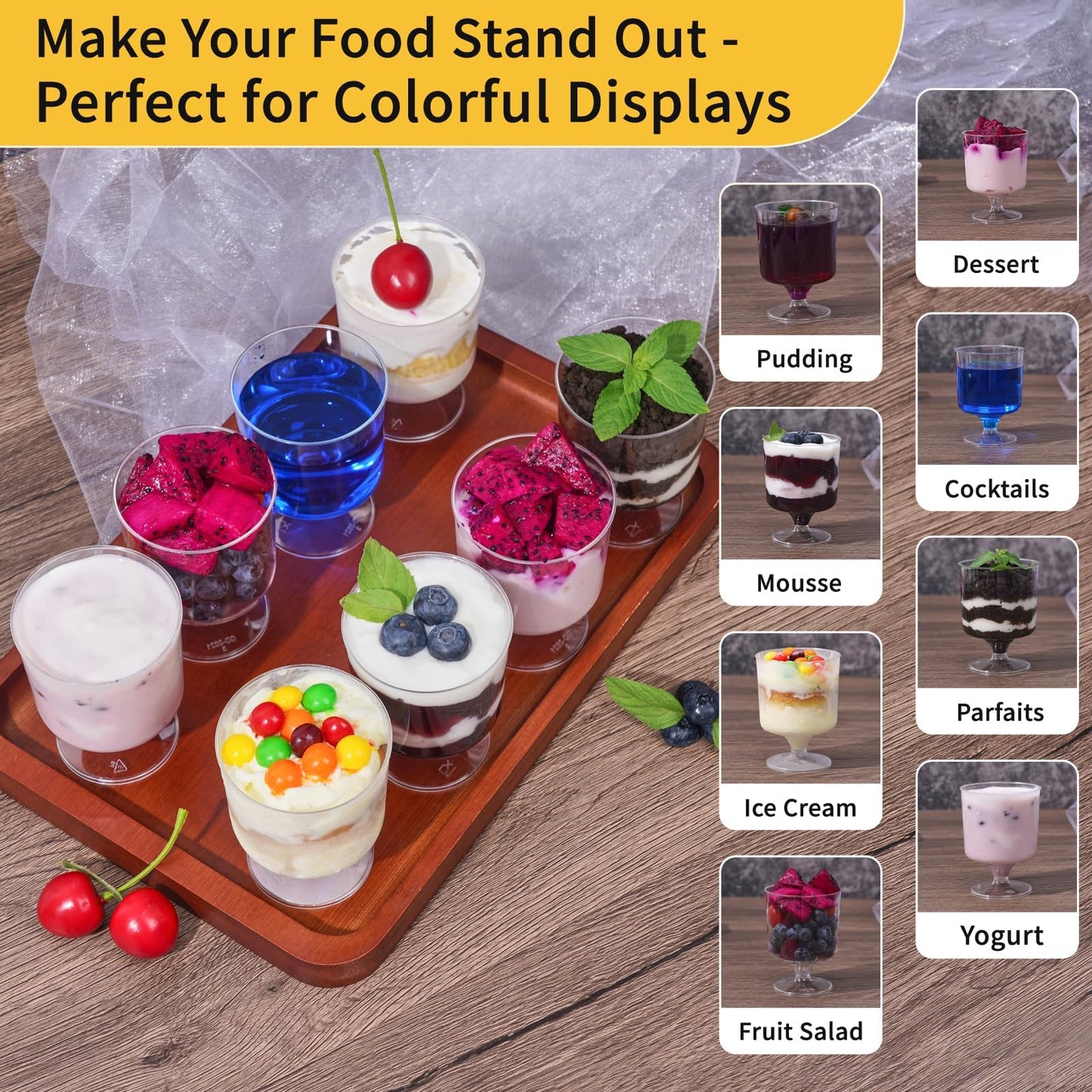 Fracurs 120 Pack Plastic Dessert Cups Set 60 Pcs 5Oz Clear Mini Parfait Cup with 60 Spoons for Party, Disposable Round Serving Golblet Wine Shot for Pudding, Fruit, Yogurt, Ice Cream, Appetizer Bowl