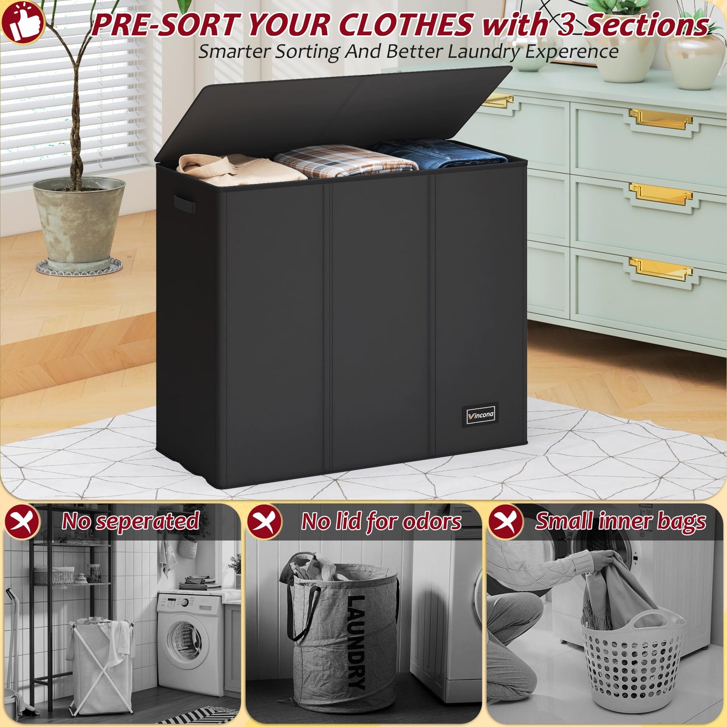 195L Laundry Hamper 3 Section,Large Laundry Hamper with Lid,Dirty Clothes Hamper with 3 Inner Bags,Collapsible Laundry Basket Organizer for Laundry Room,Bedroom,Laundry Sorter Hamper 3 Compartment