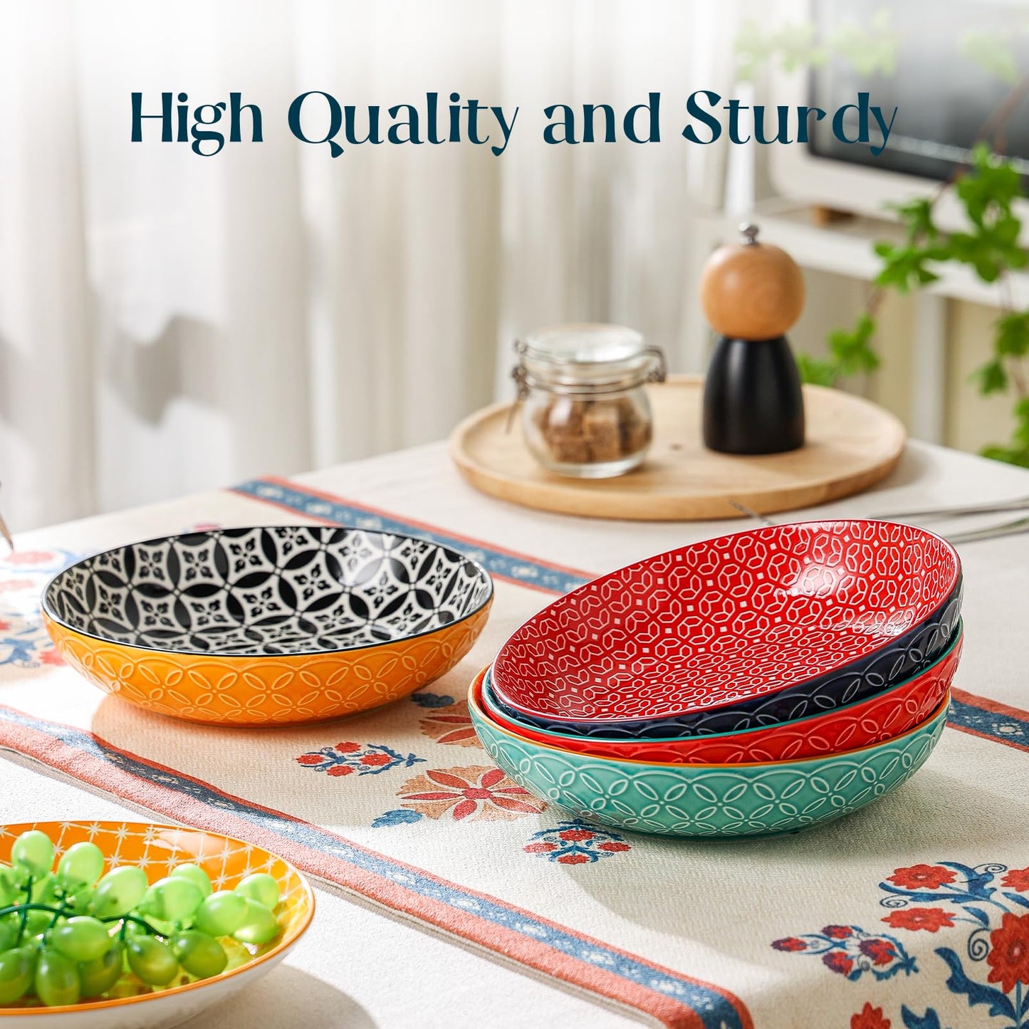 DOWAN 8.5" Vibrant Pasta, Salad & Soup Serving Bowls Set of 4, Embossed Large Porcelain Ceramic, Microwave, Oven & Dishwasher Safe, Bonita Design Perfect for Daily Dining, Family Gatherings, Party