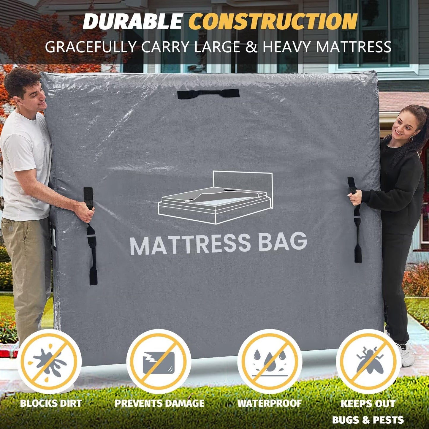 Mattress Bags for Moving and Storage, BETU Twin Mattress Protector Waterproof Mattress Cover with 8 Heavy Duty Handles and Zipper Extra Thick Moving Supplies for Dorm Bed (2 Pack:77x42x13.5 Grey)