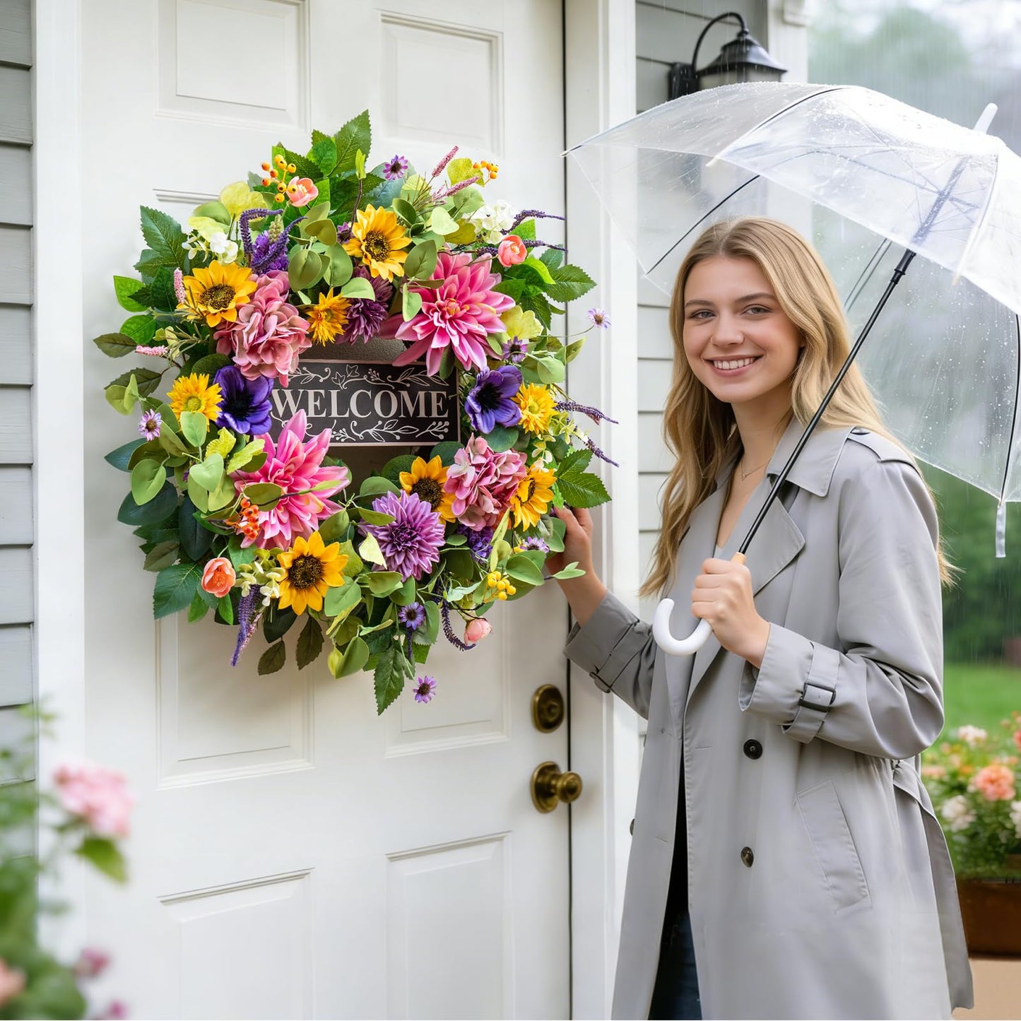 Spring and Summer Wreaths for Front Door 24 Inch Summer Wreath with Lifelike Sunflower,Pink and Purple Dahlia Spring Door Wreath with Welcome Sign,Outdoor Decor