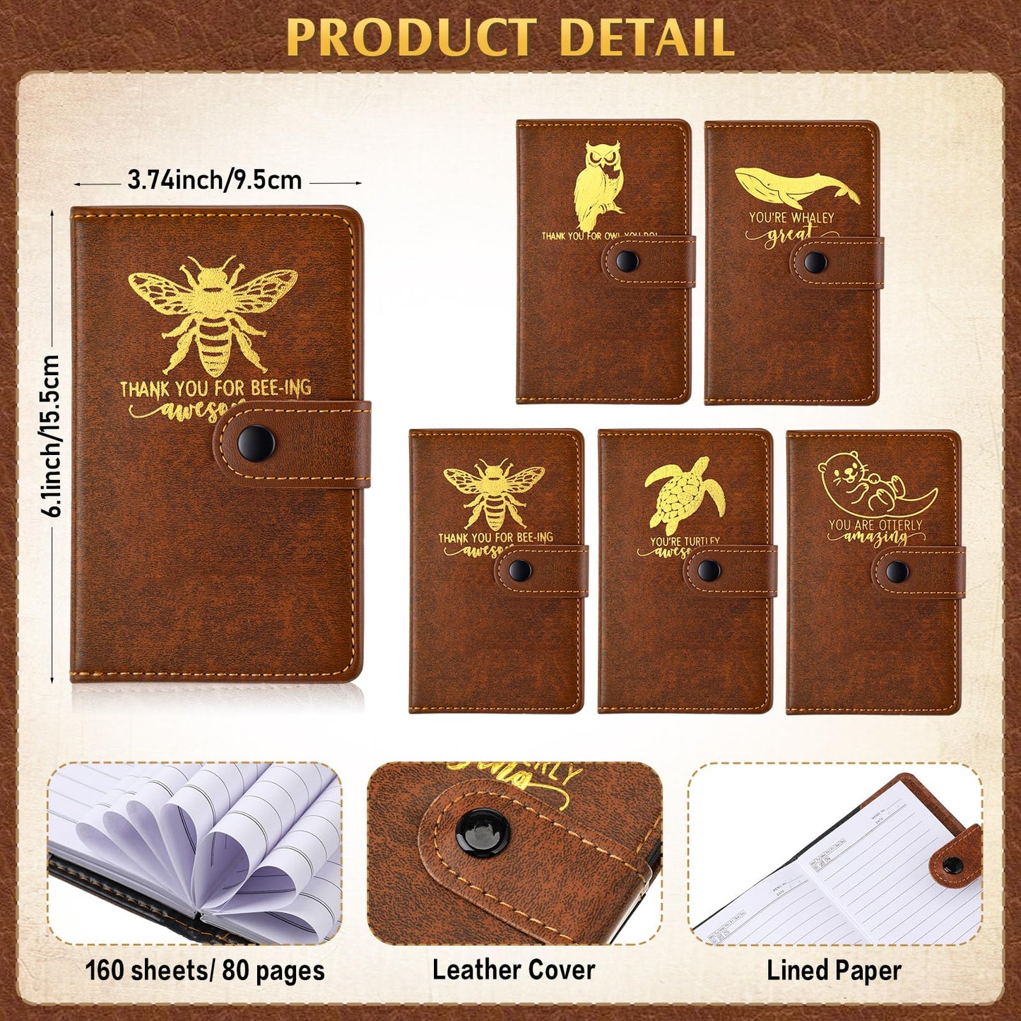 Tenceur 20 Set Employee Appreciation Gift for Men Animal Pun Note Leather Journal Fathers Day Inspirational Notebook A6 Notepads with Bamboo Pen Coworker Office Staff Teacher Thank You Gift, Brown