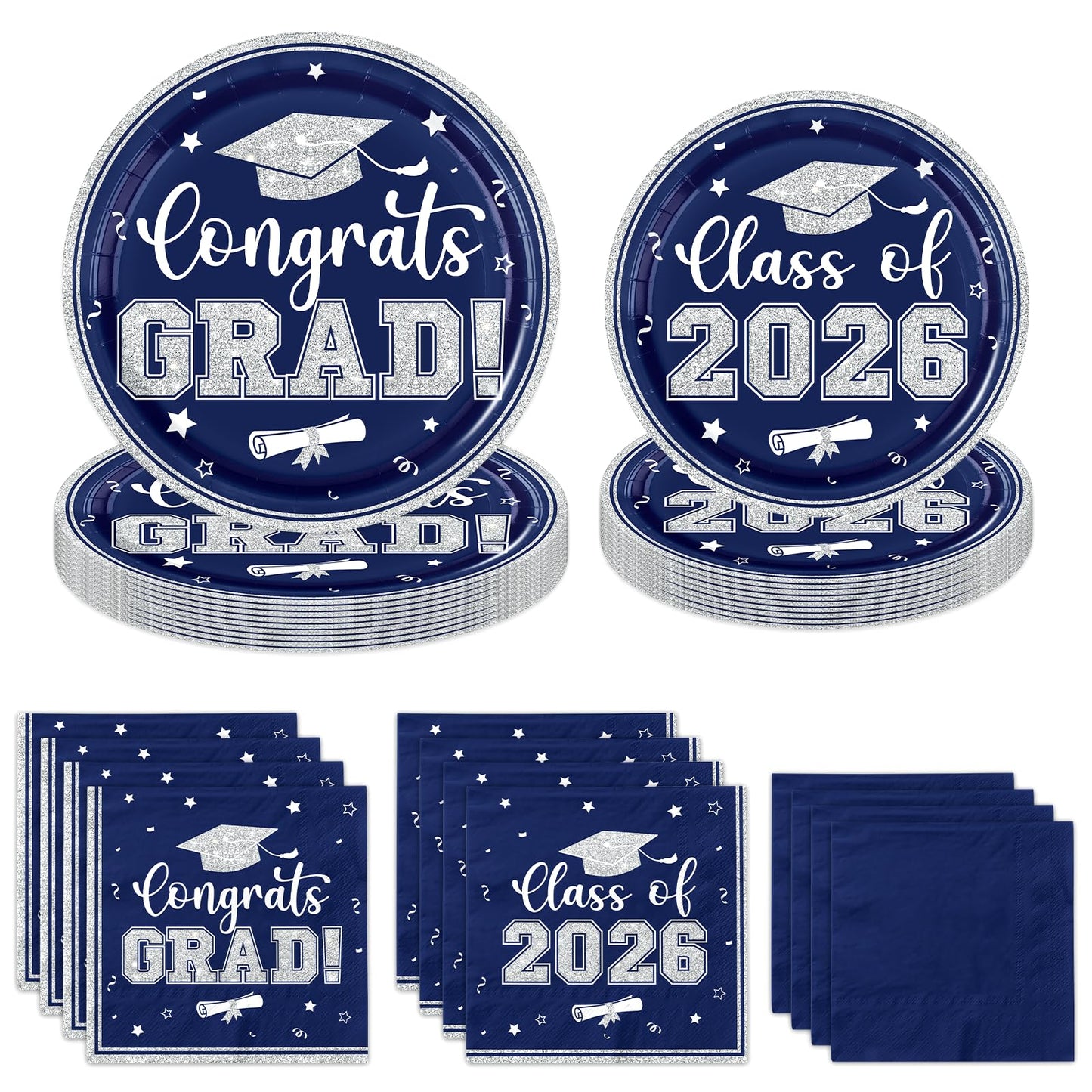 Navy and Silver Graduation Decorations 2026,Navy Blue Graduation Decorations Plates and Napkins 2026,200pcs Class Of 2026 Party Decorations Tableware for Graduation Party Supplies,Serve 50