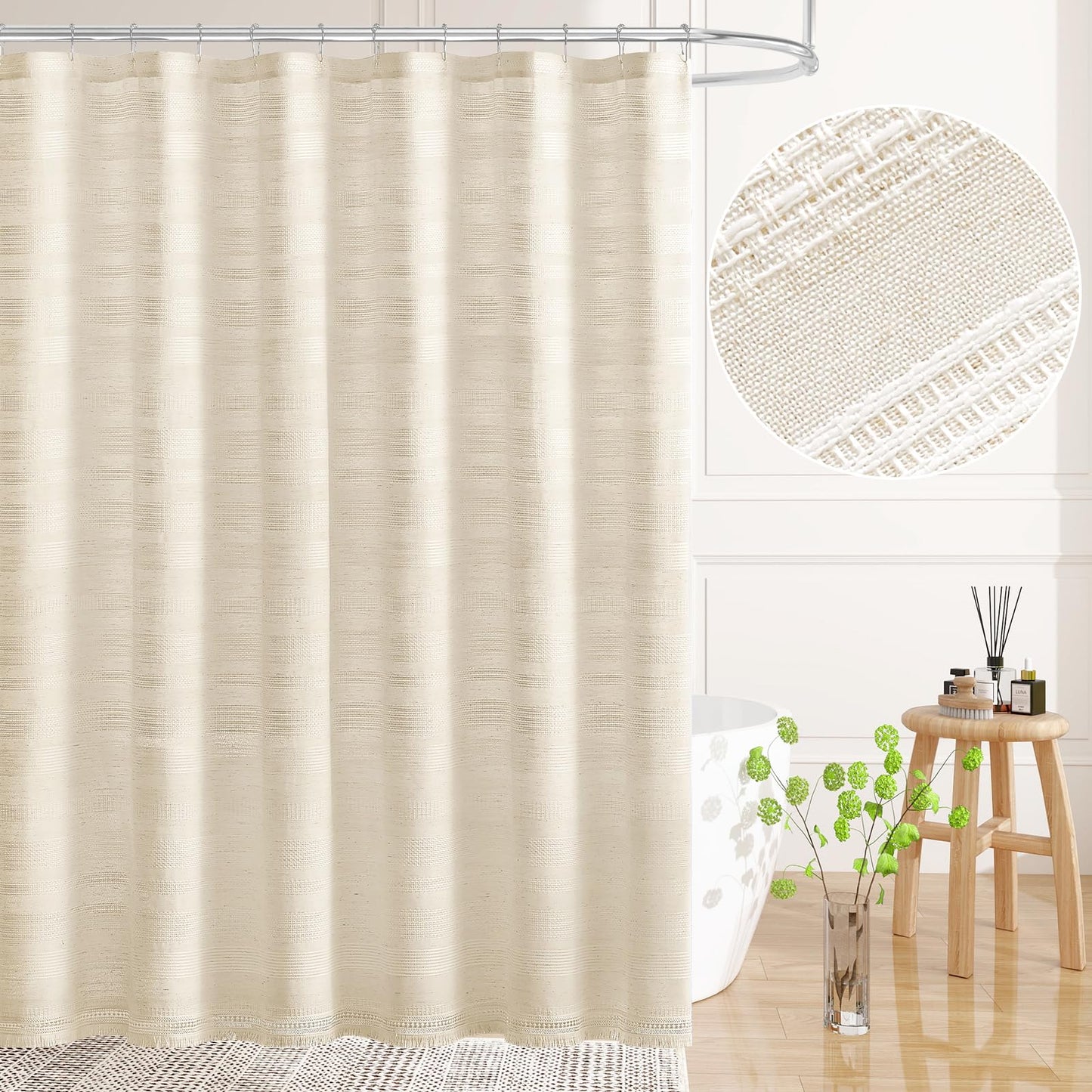 Craidlela Boho Farmhouse Shower Curtain Set with Tassel, Linen Bohemian French Country Chic Bathroom Shower Curtain Set, Modern Striped Textured Shower Curtain 72x72 - Beige/Cream