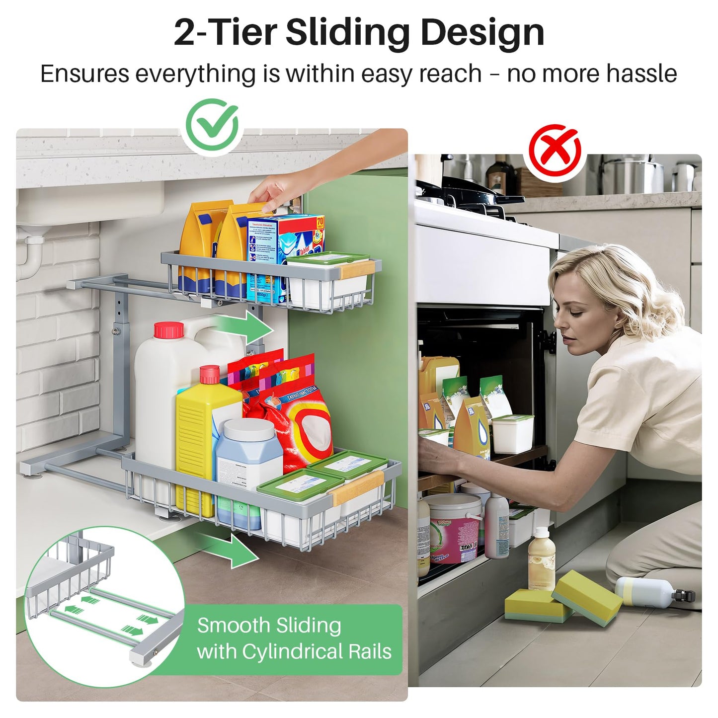 Kitstorack Under Sink Organizer, 2 Tier Under the Sink Storage, Slide out Pull out Cabinet Organizer Shelf, Metal Sliding Drawer for Kitchen Bathroom Pantry Closet Organization Rack, Grey, 2 Pack