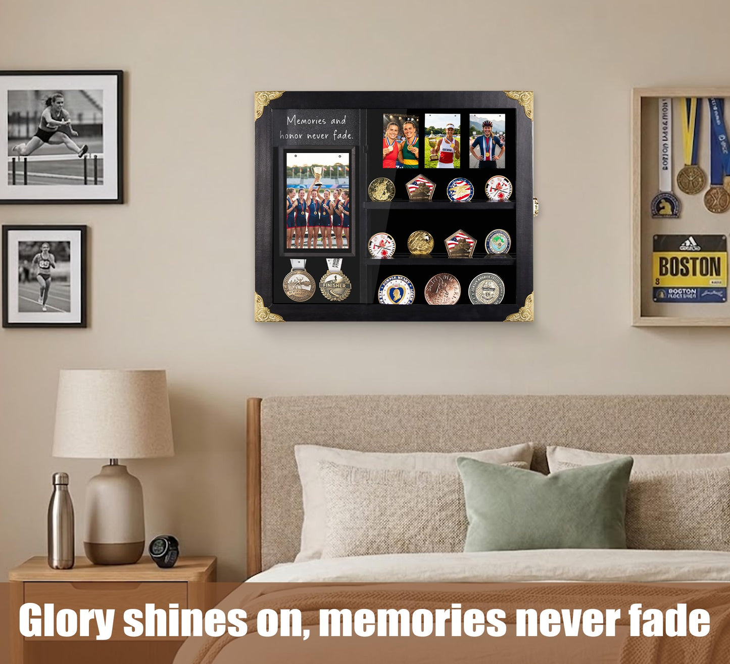 KWYADLUO Challenge Coin Display Case for Gift, Lighted Coin Medal Holder with Photo Frame & Chalkboard, Wall Mount Shadow Box with Removable Shelves, Memorial Gift for Men, Veterans, Collectors, Black