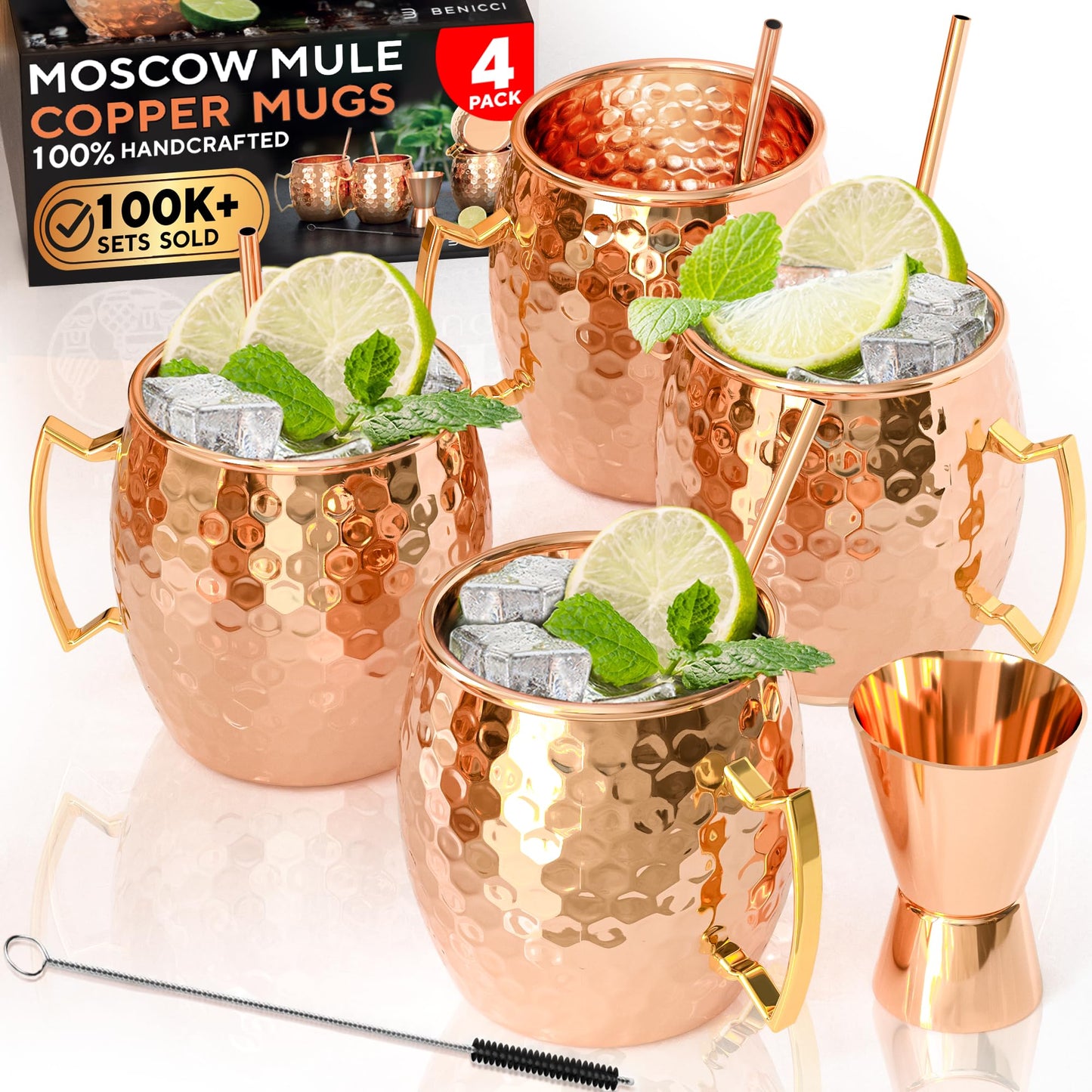 Benicci Moscow Mule Copper Mugs - Set of 4-100% HANDCRAFTED - Food Safe Pure Solid Copper Mugs - 16 oz Christmas Gift Set with Premium Quality Cocktail Straws and Jigger!