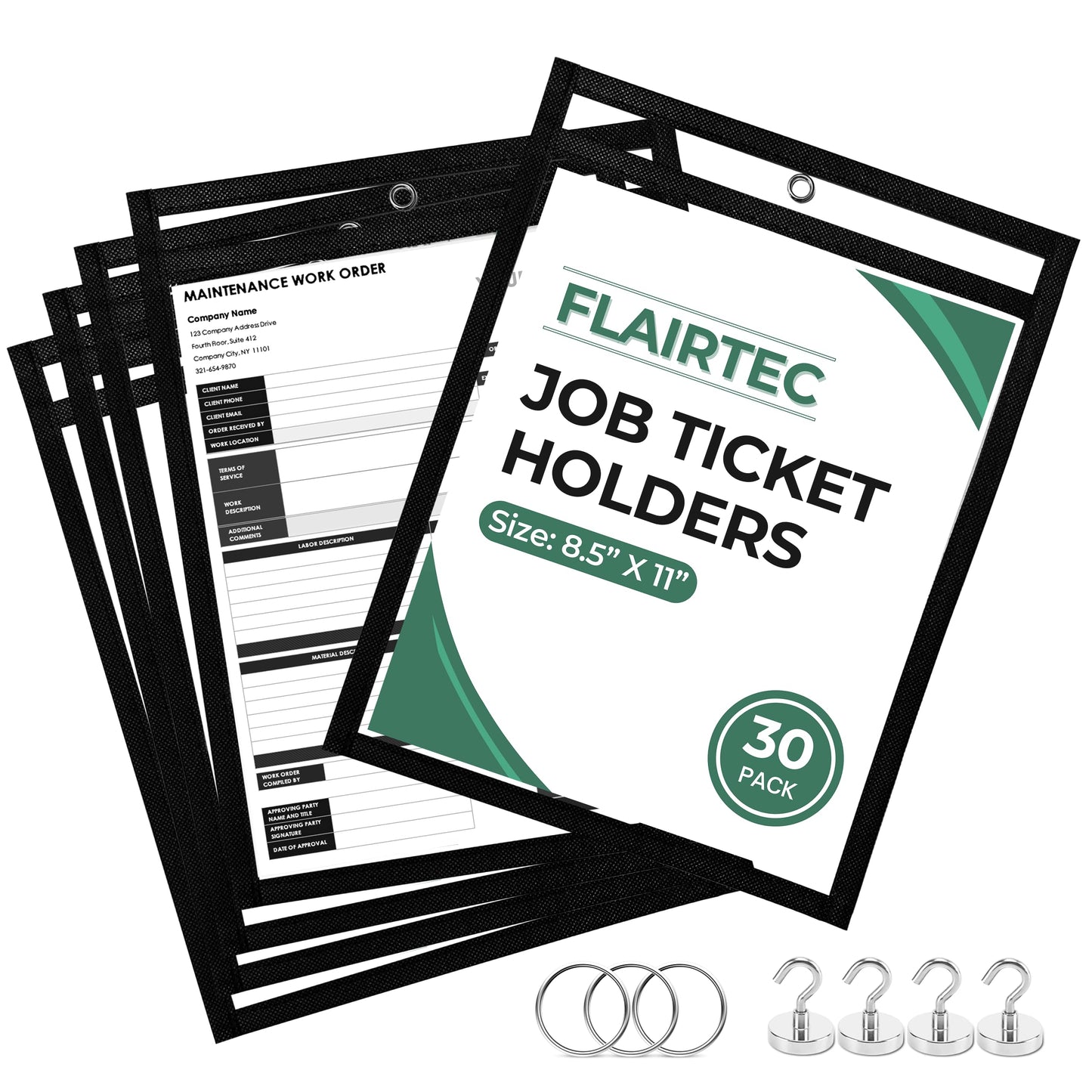 Job Ticket Holders 10x14 - (30 Pack) 8.5x11 Letter Size | Reusable Dry Erase Pockets Black with Metal Rings & Hooks | Durable Clear Shop Sleeves for Work Order | Perfect for Classrooms
