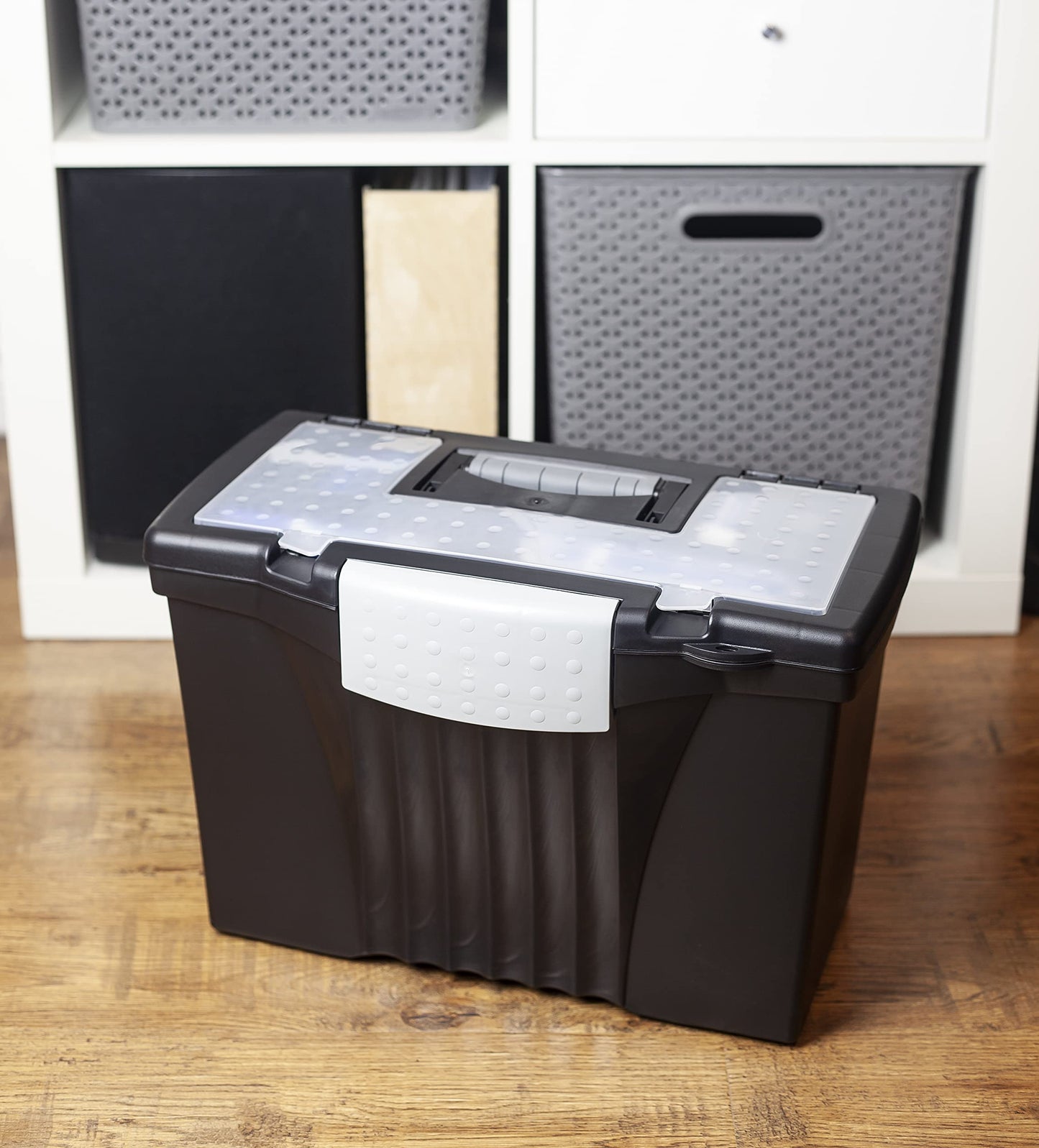Storex Legal File Box with Organizer Lid – Plastic Office File Storage Box for Letter and Legal Hanging Folders, Obsidian, 1-Count (61510A01C)