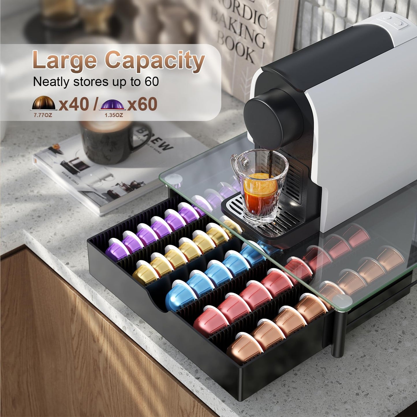 OUTIOE Coffee Pod Drawer Organizer with Tempered Glass Lid (Transparent Glass)
