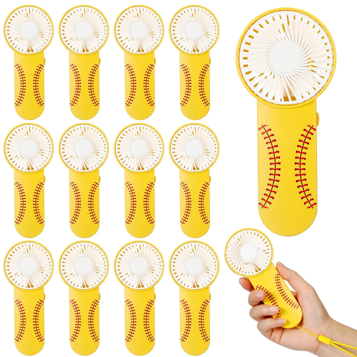 Honoson 12 Pcs Mini Portable Softball Fan Bulk Small Personal Handheld Fan with Lanyard for Team Gift Game Outdoor Sport Party Favors, Battery Not Include(Yellow)
