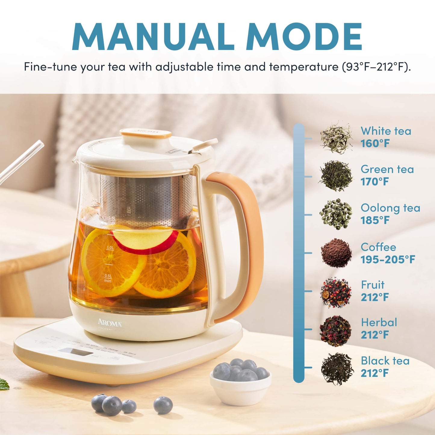 AROMA® Professional Infusion Glass Electric Tea Kettle with Temperature Control and 10 Preset Modes (6 Cups, 1.5 Liters)