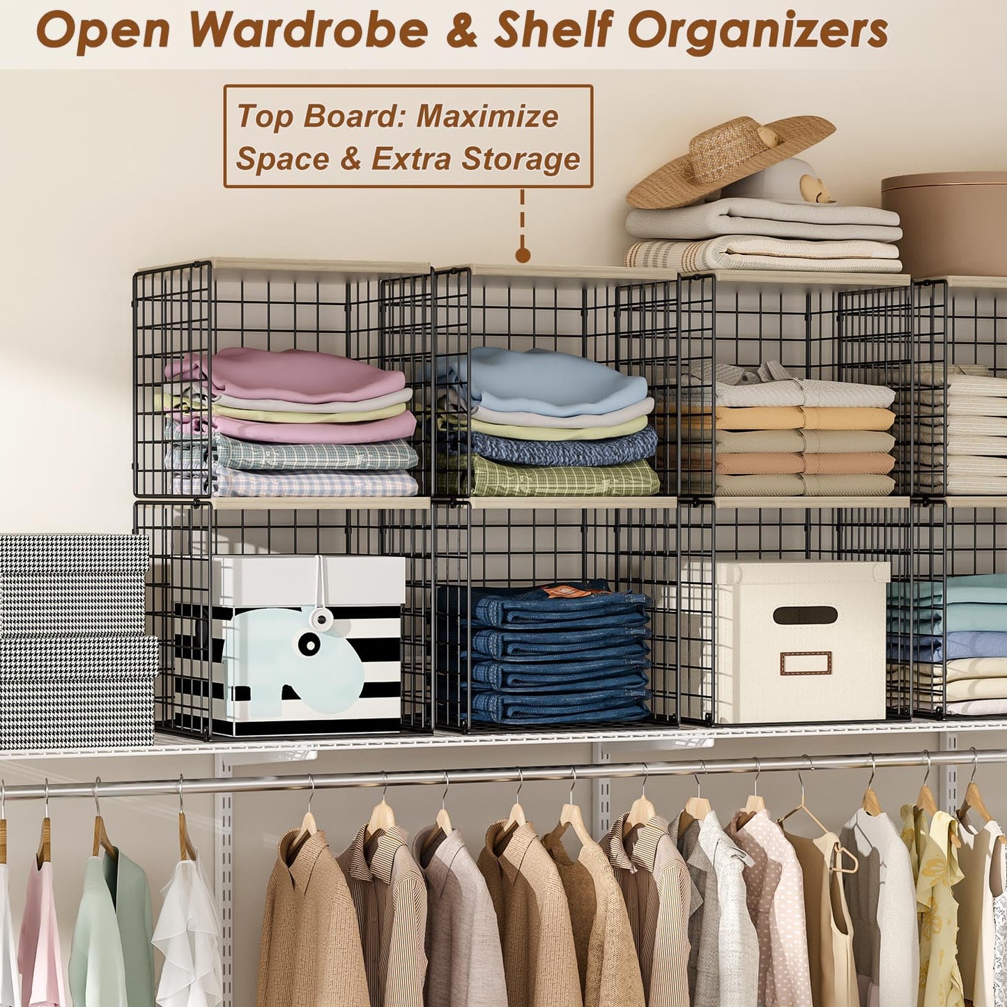 Hencawima 4-Tier Stackable Closet Organizers and Storage, Dual-Layer Reinforced Clothing Cube Shelves with Wood Tops, Sturdy Clothes Storage Bins & Shelf Basket for Wardrobe, Closet Organizer System