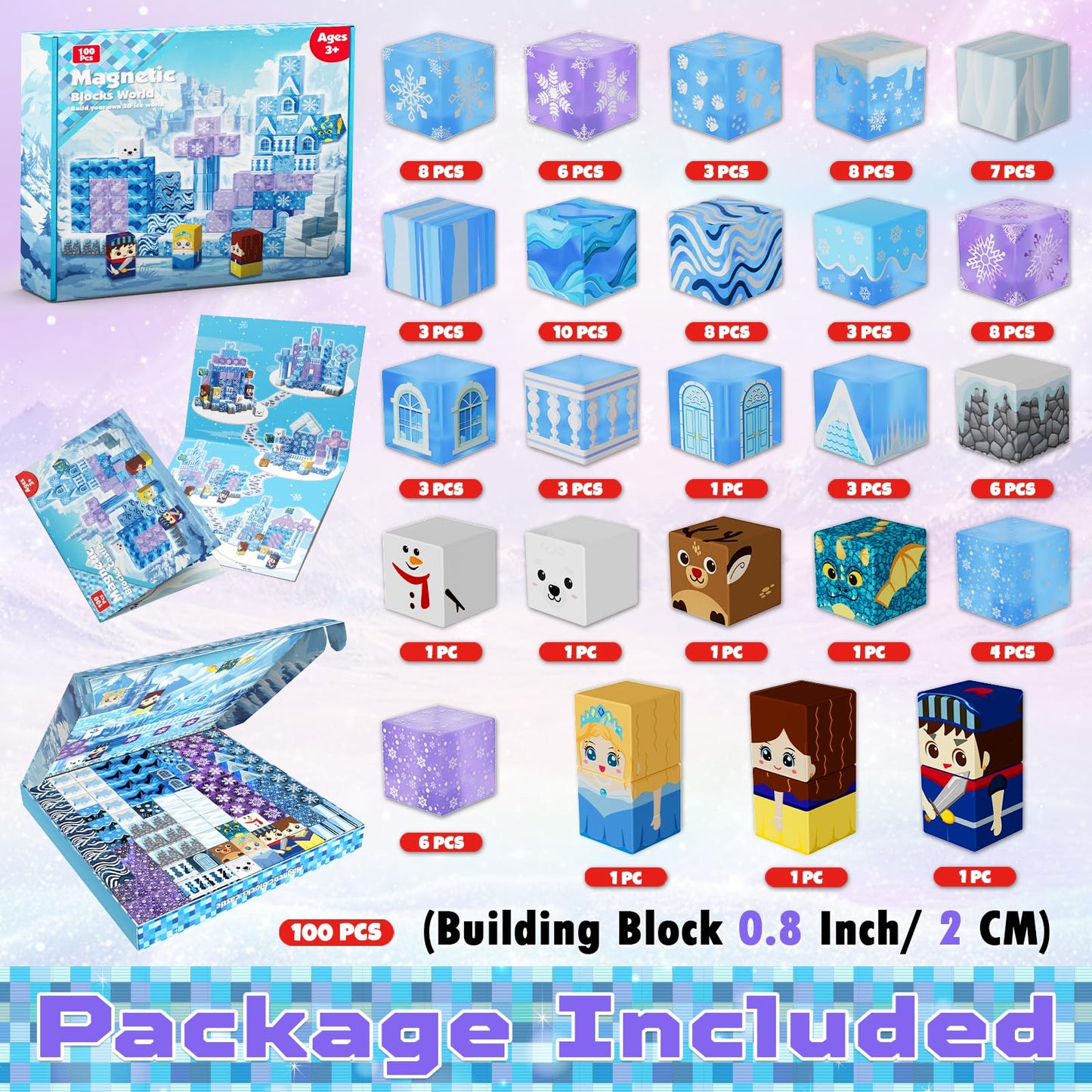 Magnetic Blocks - 100Pcs 0.8in Magnetic Building Block for Kids Ages 4-8, Transparent Magnet Block for Blue Princess Castle Build, Magnet Cubes Tiles Princess Toy for Girl 3 4 5 6 7 8-12 Birthday Gift