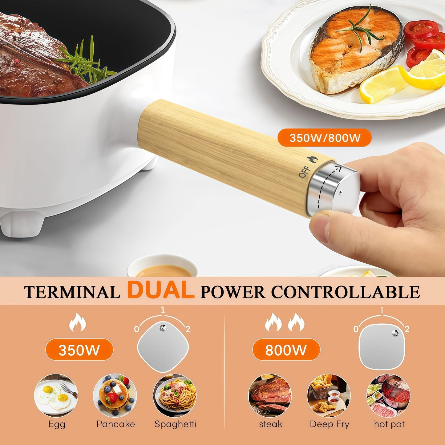 Audecook Hot Pot Electric 2L, Cermic Glaze Non-Stick Frying Pan 8 Inch, Portable Travel Cooker for Ramen/Steak/Fried Rice/Oatmeal/Soup, with Dual Power Control (Silicone Spatula Included)