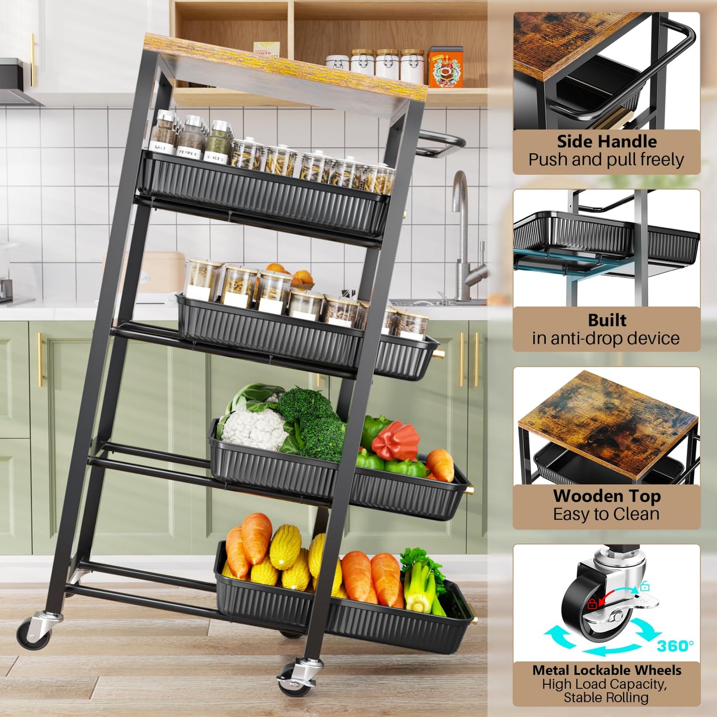 Vivihomety 5-Tier Rolling Utility Cart with Wheels, Kitchen Storage Cart with Wooden Top & Pull-Out Mesh Baskets, Large Capacity Organizer for Kitchen, Bathroom, Laundry Room Black